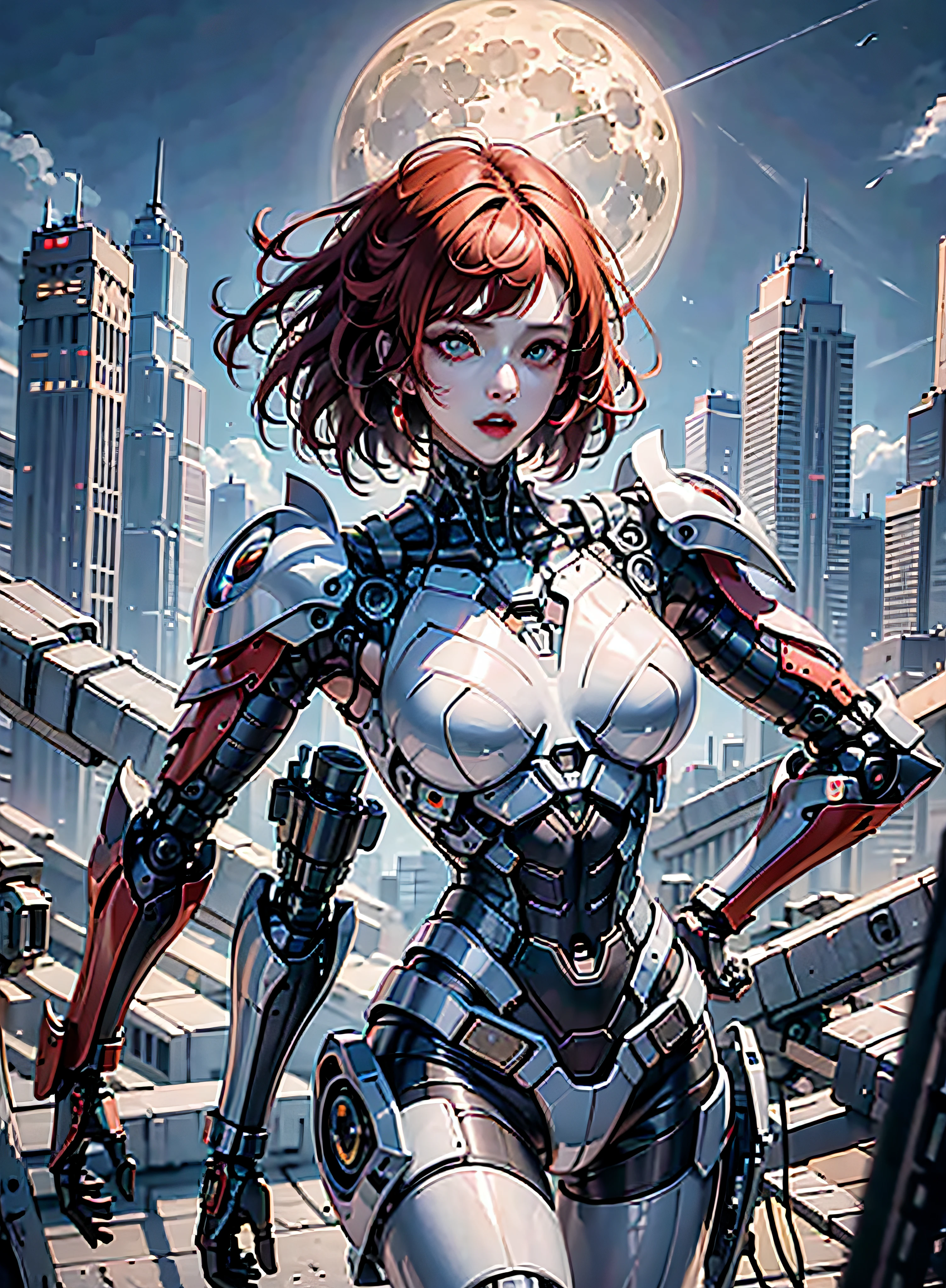 High definition (4k), Beautiful woman detailed defined body, red hair, wearing batman cosplay, medium breasts, high tech blue uniform, cyberpunk, futuristic, futuristic cyberpunk scenery, night sky with clouds, full moon,