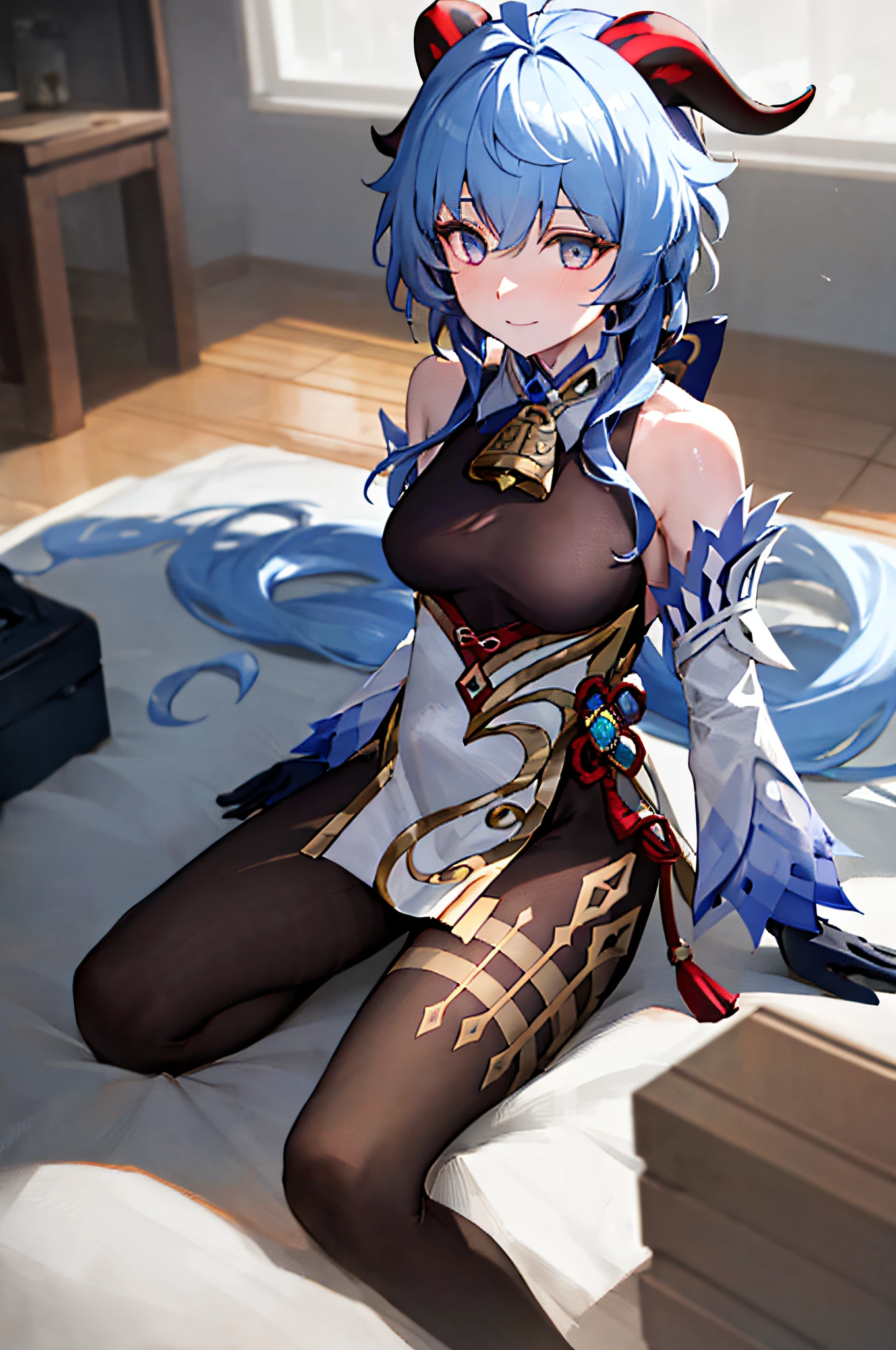 (photorealistic:1.4), (masterpiece, sidelighting, finely detailed beautiful eyes: 1.2), masterpiece*portrait, realistic, 3d face, 
ganyu \(genshin impact\), 1girl, ahoge, architecture, bangs, bare shoulders, bell, black gloves, black pantyhose, (blue hair), blush, breasts, chinese knot, detached sleeves, flower knot, gloves, horns, long hair, looking at viewer, medium breasts, neck bell