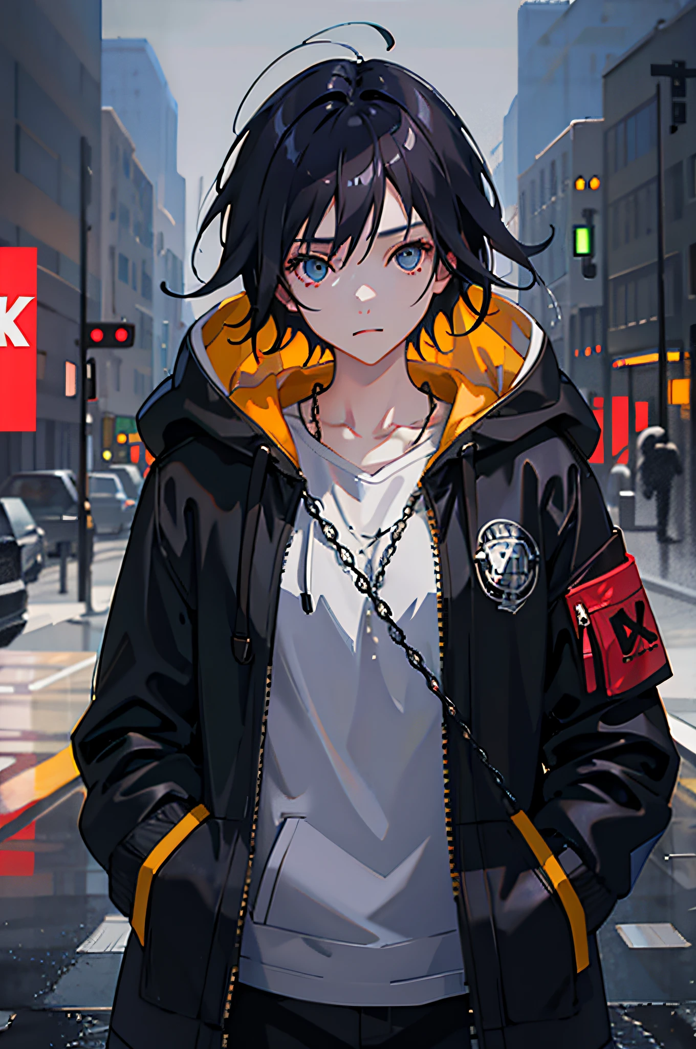 1girl, jacket, rain, outdoor, hoodie, open jacket, chain, backpack, looking at another, messy hair, trending on artstation, 8k resolution, highly detailed, anatomically correct, sharp image, digital painting, concept art, trending on pixiv, style of makoto shinkai,