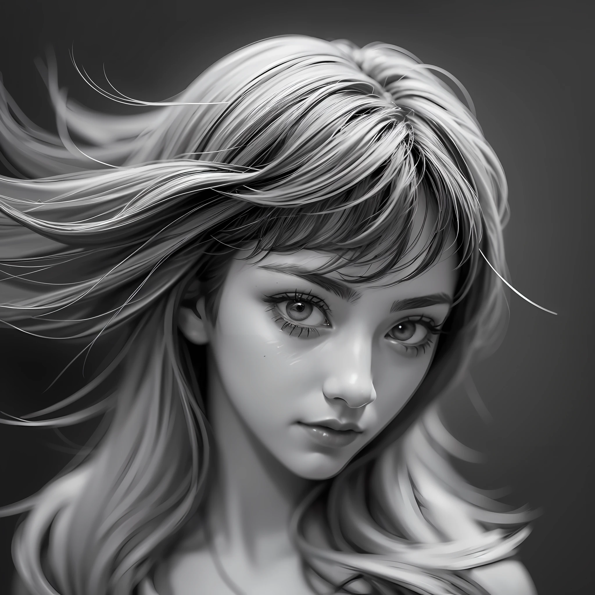 Draw an illustration of a beautiful girl. She looks chic and sophisticated with the effect of monochrome tones, and the focus blur softly envelops her. Drawn in an overhead shot composition, pixel-perfect drawing and edge detection ensure that every detail is clearly presented. High-key contrast and tint effects create a unique charm to the monochrome world.