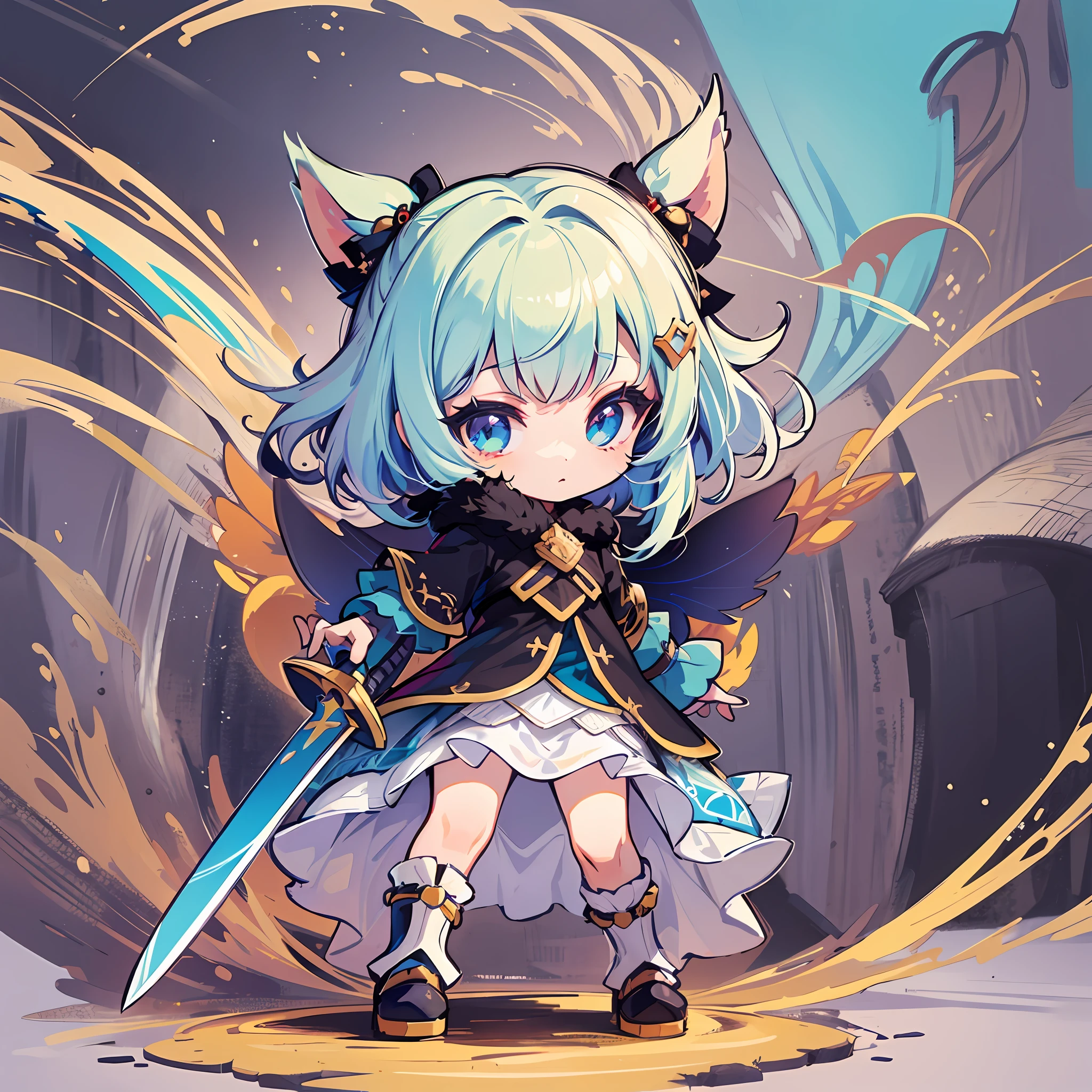 ((Sticker: 1.5))), ((Chibi Chara)), (White Background), Fluffy, Girl, Warrior, Holy Knight Costume, With Sword, Warrior Pose, Chibi Chara, Full Body, Pastel Hair, Fairy Tale, Fantastic, Rainbow, T-Shirt Design, Best Masterpiece, Best Quality, 16k