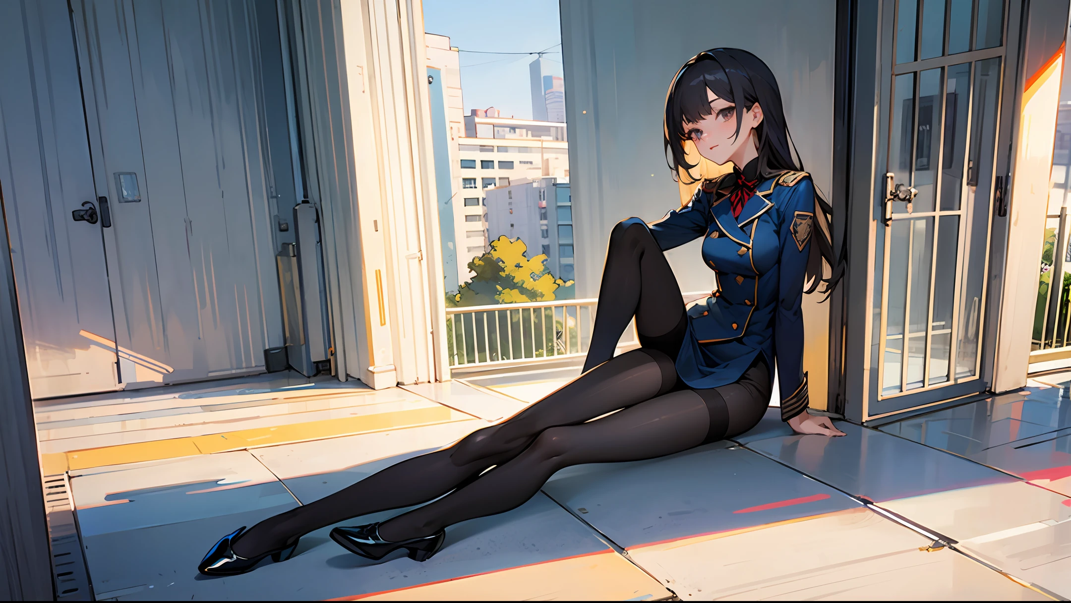 Best quality, full body portrait, delicate face, pretty face, 25 year old woman, slim figure, small bust, OL uniform, office clothes, black stockings, outdoor scene, sitting position