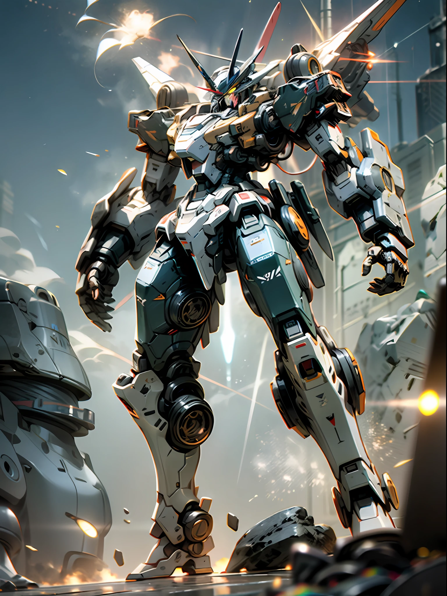 ((Best Quality)), ((Masterpiece)), (Very detailed: 1.3), 8K, cool painting, full of sci-fi atmosphere, black assassin holding two knives stands behind a huge Gundam mech, streamlined black armor with complex weapons and equipment behind it, Gundam humanoid mech, anime mecha aesthetics, perfect body proportions, head-up view, standing posture, military giant mech, missiles, rocks, futuristic technology, realism, dark clouds in the sky, dark war background, ray tracing, light particles, NVIDIA Trtx, Super Resolution, Unreal 5, Subsurface Scattering, Specular and Albedo Maps, Rule of Thirds, Large Aperture, Battle Stance, 8K Raw Data, High Efficiency Subpixels, Subpixel Convolution, Light Particle, Light Scattering, Tyndall Effect, Ray Tracing.