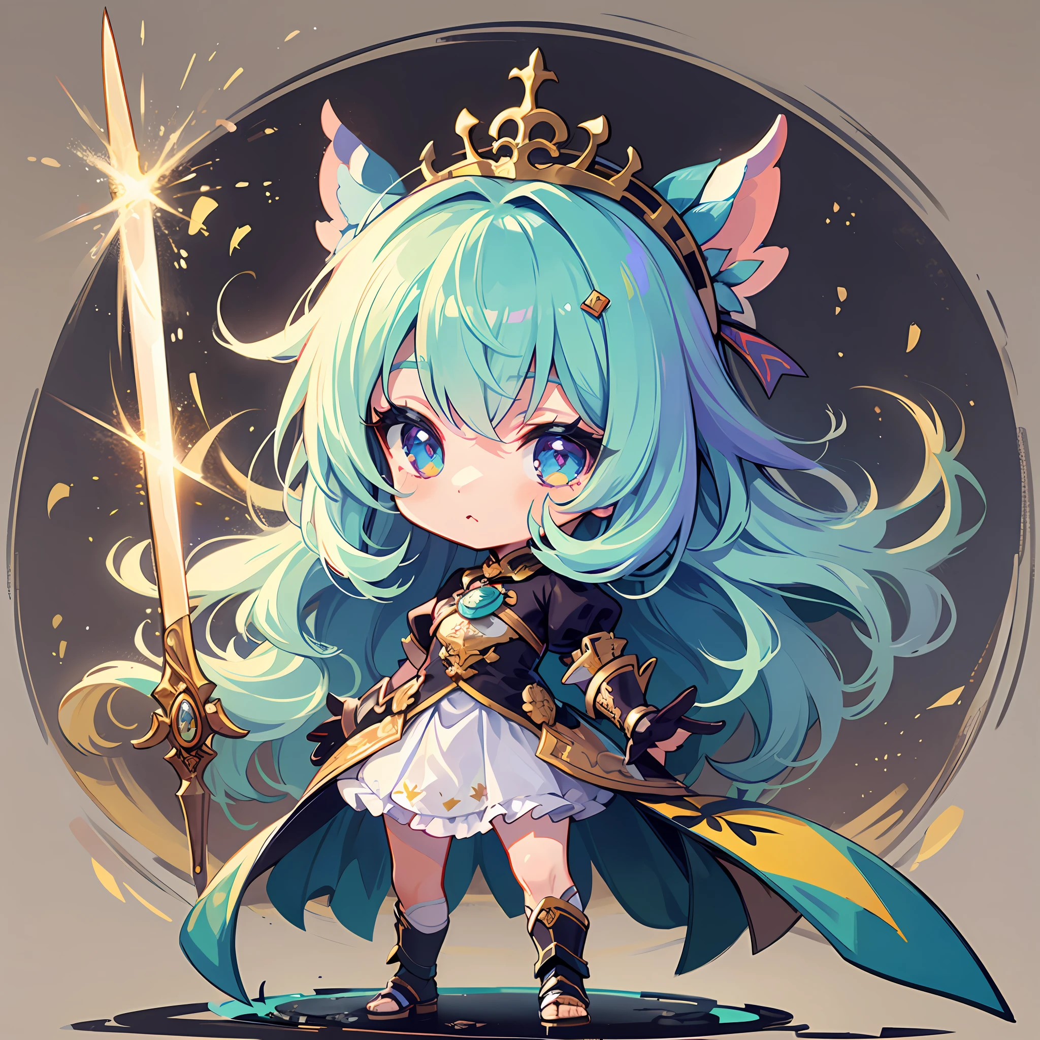 ((Sticker: 1.5))), ((Chibi Chara)), (White Background), Fluffy, Girl, Warrior, Holy Knight Costume, With Sword, Warrior Pose, Chibi Chara, Full Body, Pastel Hair, Fairy Tale, Fantastic, Rainbow, T-Shirt Design, Best Masterpiece, Best Quality, 16k