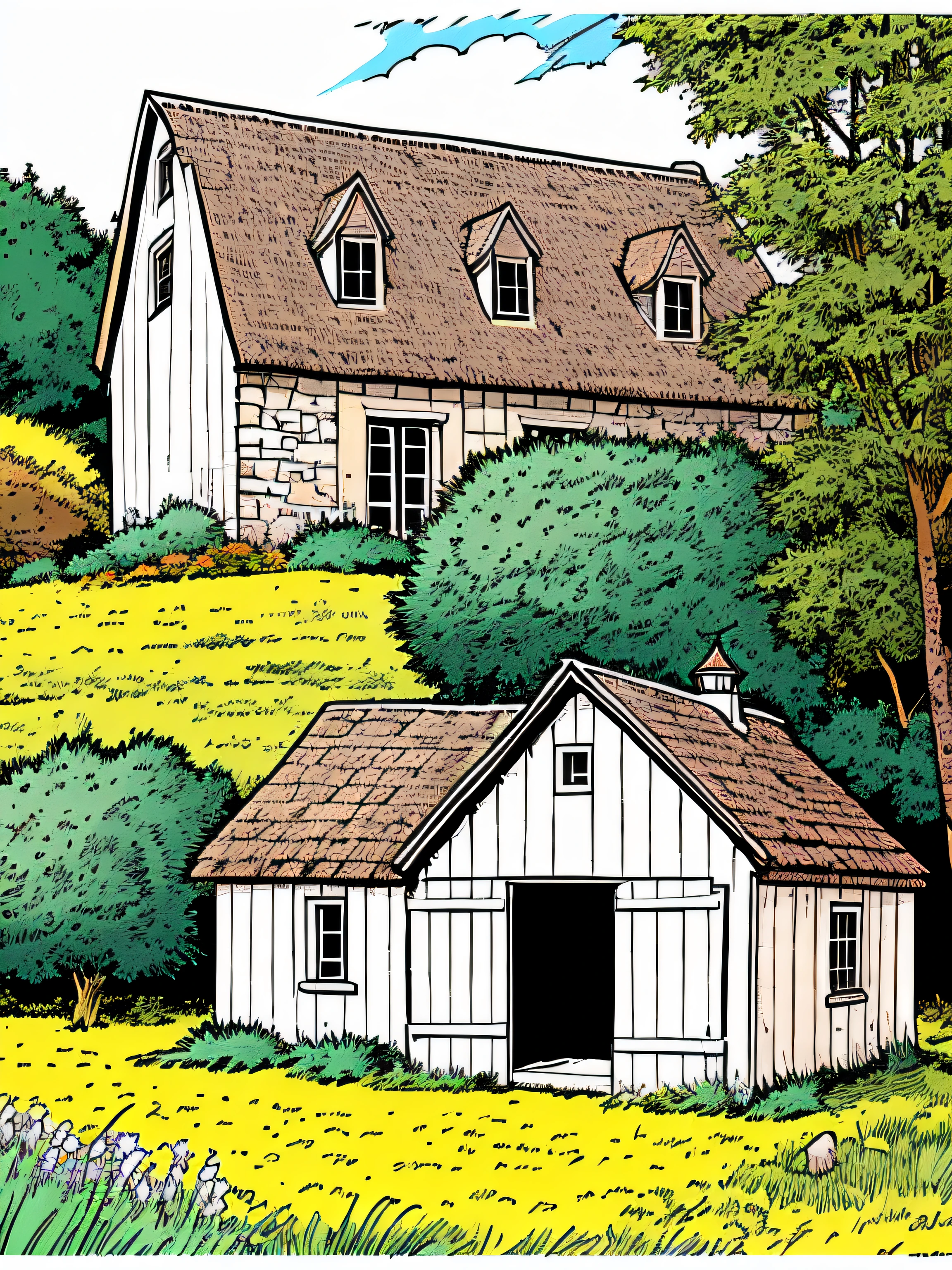 Line art in warm colours, one old medieval French stone barn with a grey slate roof, in a field, summer, sunny afternoon, (ligne claire, strong lines, no hatching), in the style of Franco-Belgian comics, in the style of fantasy comics, by Edgar P. Jacobs, by Herge, by Jacques Martin