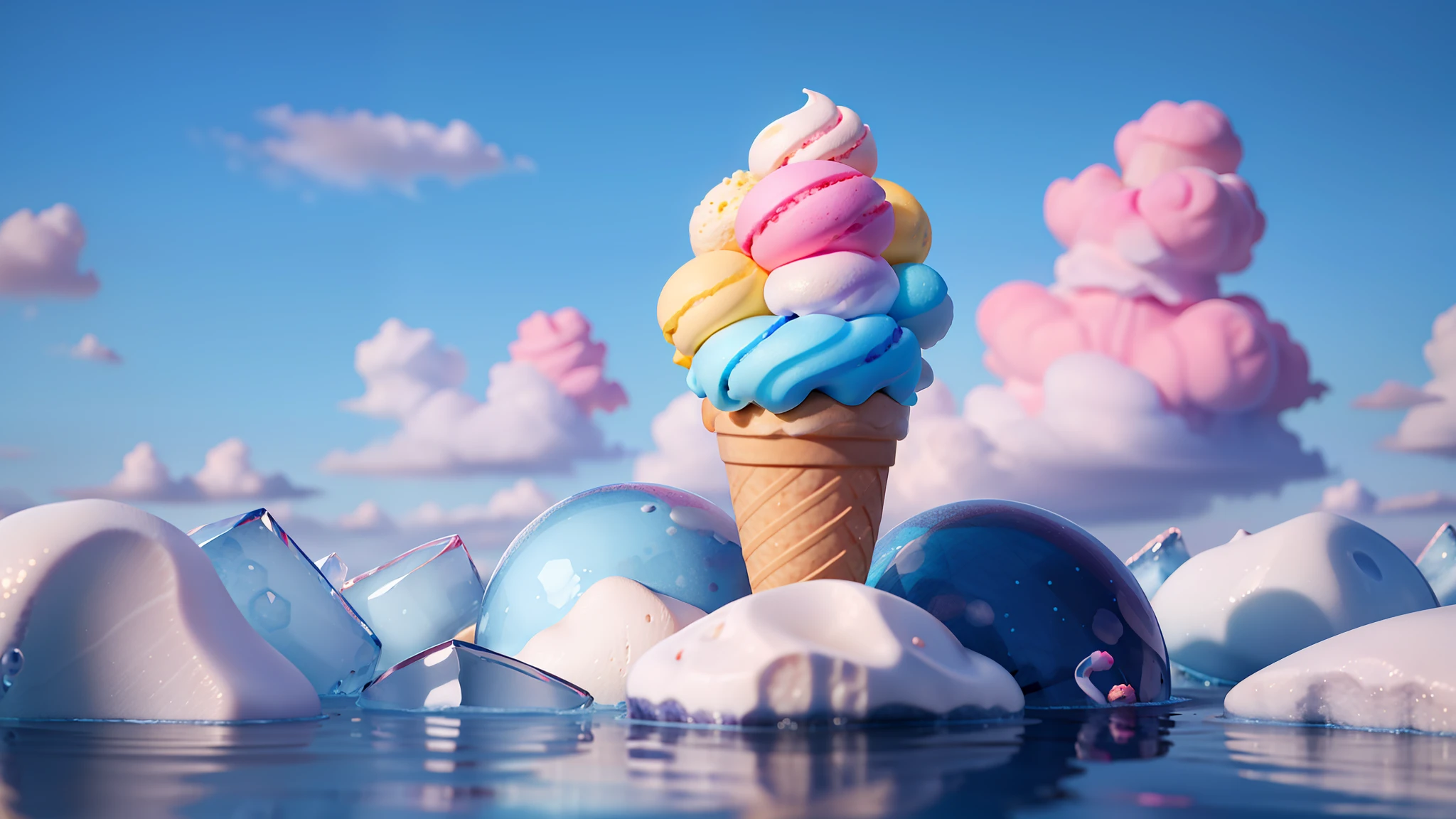 Masterpiece, Best Quality, No Man, Sapphire Blue and Pink as Main Colors, Clouds, Bright, Dreamy, Full Screen Flood, Hazy, Ice Cream.