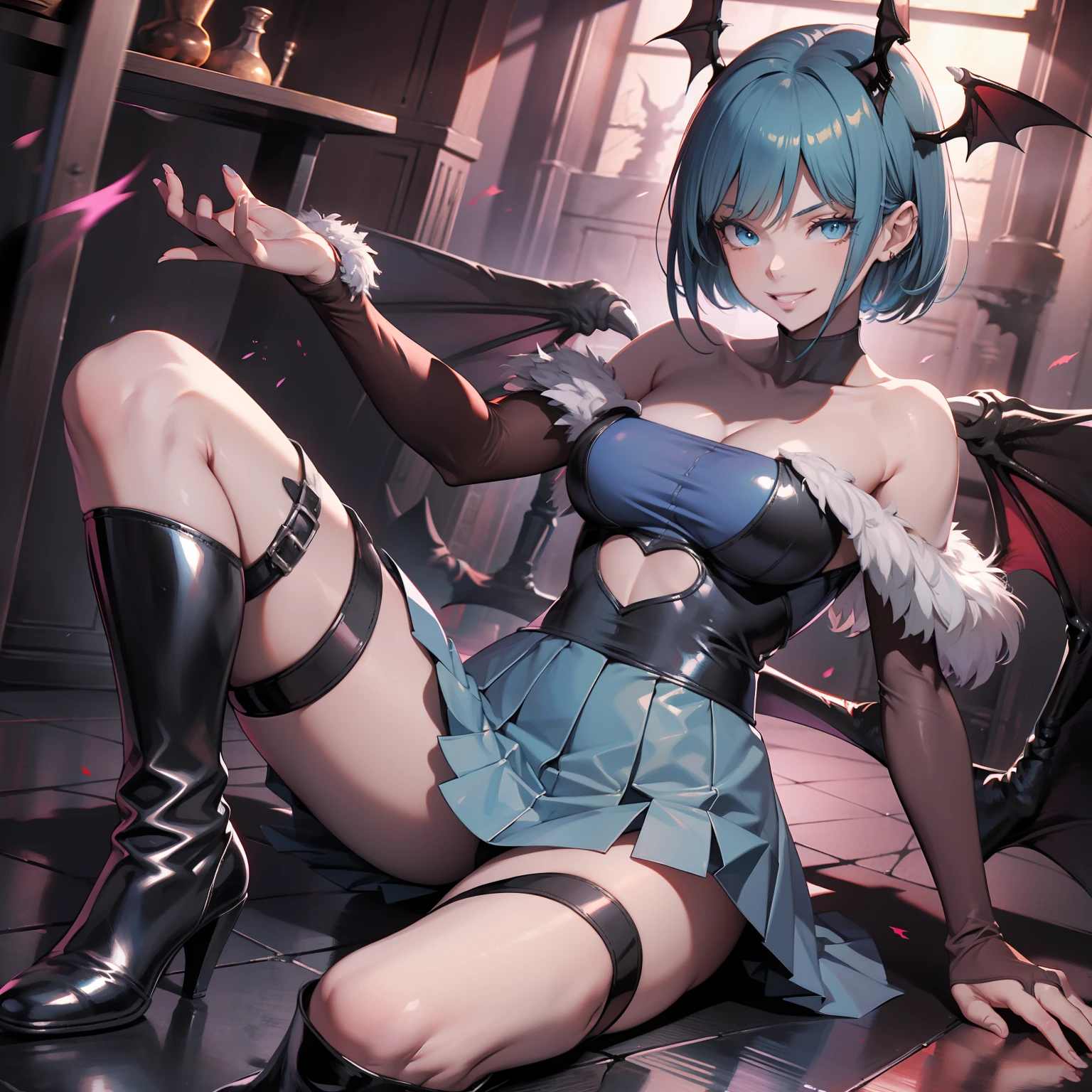 masterpiece, best quality, high resolution, 1girl, blue shirt, bat wings, black hair, short hair, blue eyes, evil smile, evil smile, light blue pleated mini skirt, black boots