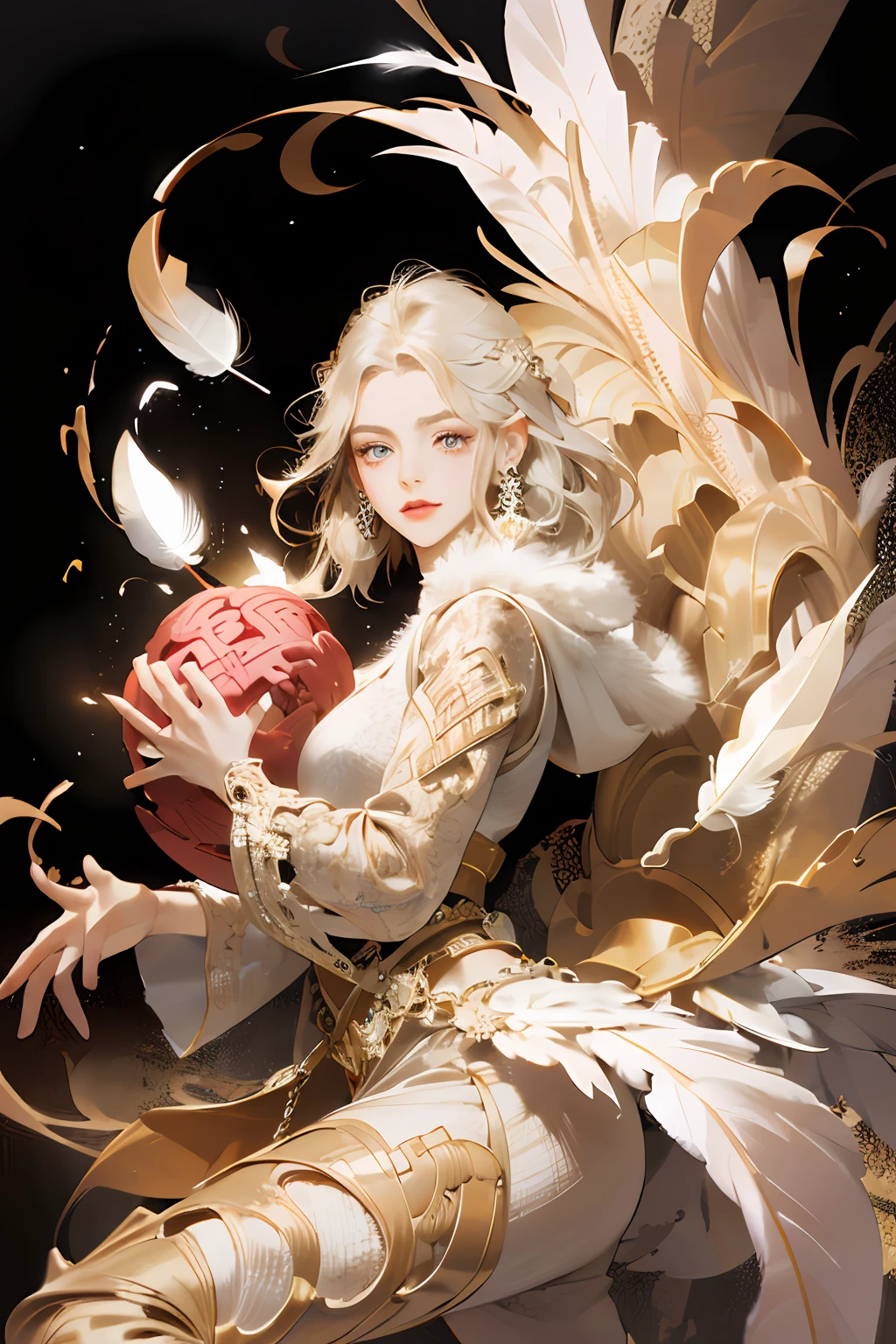 (absurdres, highres, ultra detailed), 1girl, solo, extremely detailed eyes, holding mooncake (official art, beautiful and aesthetic:1.2), (fractal art:1.3), colorful, highest detailed, (zentangle:1.2), (dynamic pose), (abstract background:1.3), (shiny skin), (many colors:1.4), ,(earrings:1.4), (feathers:1.4)