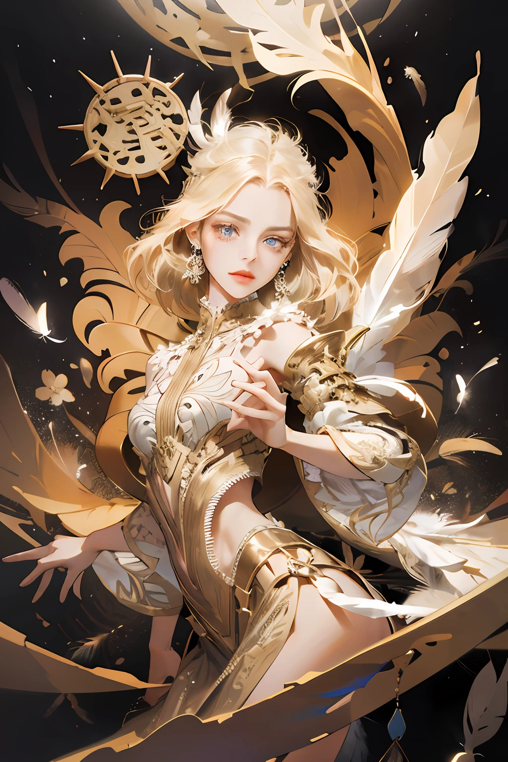 (absurdres, highres, ultra detailed), 1girl, solo, extremely detailed eyes, holding mooncake (official art, beautiful and aesthetic:1.2), (fractal art:1.3), colorful, highest detailed, (zentangle:1.2), (dynamic pose), (abstract background:1.3), (shiny skin), (many colors:1.4), ,(earrings:1.4), (feathers:1.4)