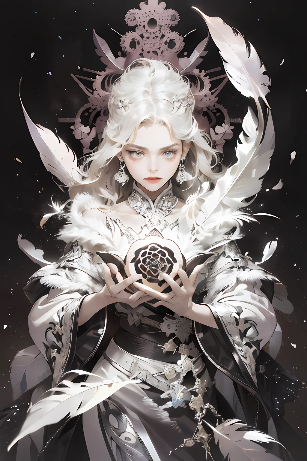 (absurdres, highres, ultra detailed), 1girl, solo, extremely detailed eyes, holding mooncake (official art, beautiful and aesthetic:1.2), (fractal art:1.3), colorful, highest detailed, (zentangle:1.2), (dynamic pose), (abstract background:1.3), (shiny skin), (many colors:1.4), ,(earrings:1.4), (feathers:1.4)