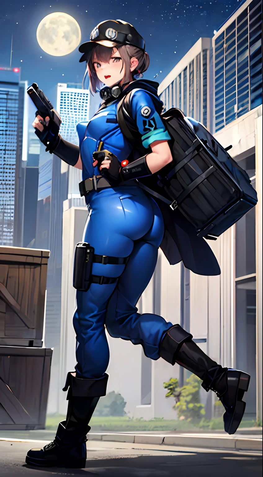 solo, 1girl, gas mask, girl wearing gas mask, bullet proof vest, body armor, combine soldier, jump suit, two tone clothes, shoulder armor, helmet, helicopter helmet, helicopter, loose clothes, loose jacket, jacket hanging on elbows, combat boots, blue urban camo, blue camo, cameltoe, science fiction, mature woman, milf, large breasts, small breasts, flat chest, wide hips, thicc, toned legs, curvy, armband, leg armor, military, sexy tight clothes, glowing eyes, ass, city, skyscraper, tower, military, mechanic girl, vehicle, apc, truck, humveed, pilot, driving, waist coat, abs, athletic, sweat, night, stars, moon, (blue glowing eyes), chest rig, holster, pistol holster, belt, submachine gun, metal crates, laptop, backpack, radio on shoulder, hoodie down, city night, coat collar, toolbelt, tablet, holding weapon, holding gun, neon genesis evangelion