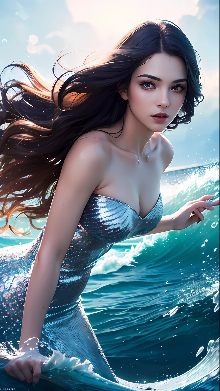 (skindentation:1.5), realistic, realistic, (masterpiece:1.5), concept art, intricate detail, highly detailed, realistic, octane rendering, 8k, unreal engine, dynamic pose, best quality, high resolution, (realistic face:1.1), (hyperrealism:1.1), ((full_body)), perfect eyes, (shiny skin: 1.2), (((hairstyle))), (((perfect hand)) ), (Very detailed background), ((Dynamic background) ), ((Waves)), (Water surface), ((1girl)), Mermaid (((Shiny scales))), ((Detailed eyes, High quality eyes, High quality face)), (Extremely complex dress), Long blue hair, Goldfish, Water, Swirl, Sparkling, ((dramatic), Epic, Battlefield, Depth of field, Bokeh, 4K, Gothic, Ash, Particles
