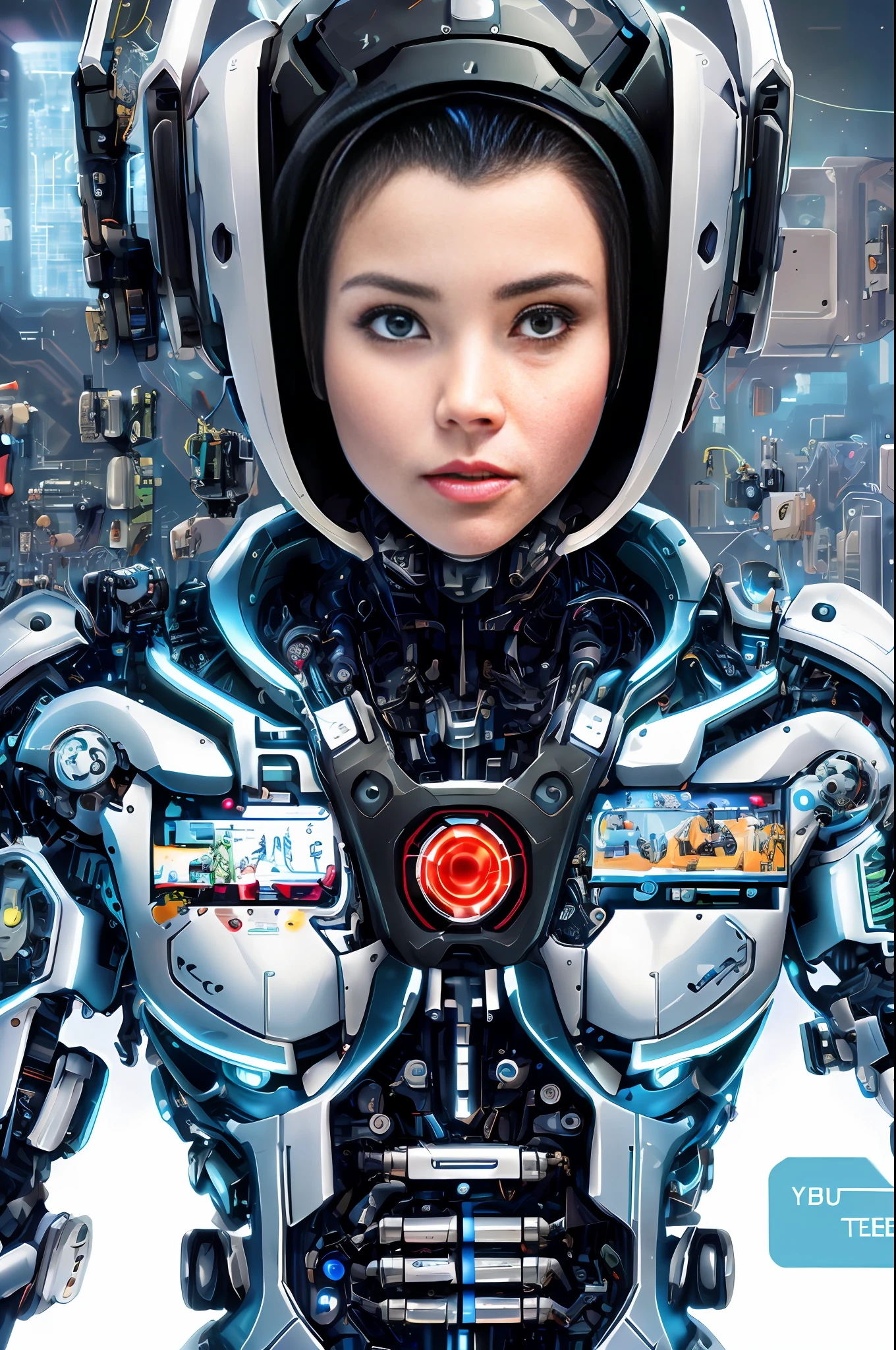 there is a woman in a futuristic suit with a helmet on, cyborg - girl, beutiful white girl cyborg, cyborg girl, beutiful girl cyborg, robot girl, cute cyborg girl, young lady cyborg, still of a cool cyborg, a teen biopunk cyborg, portrait of a futuristic robot, portrait of a teen robot, fully robotic!! girl, cyborg woman