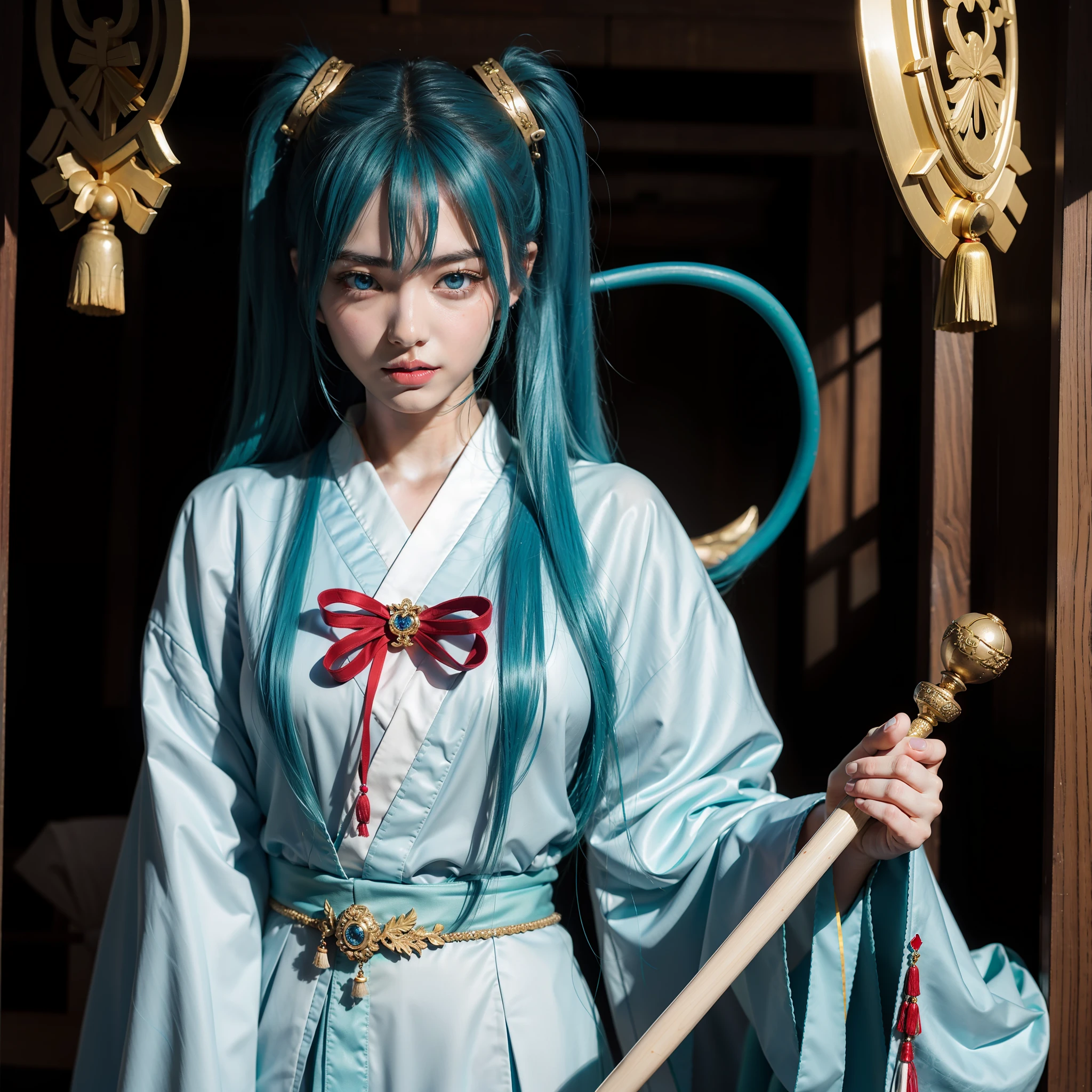 Hatsune miku, shrine, miko, priestess ((traditional from Japan)) , blue eyes , blue hair , red lips , beautiful girl , 1girl , holding ceremonial staff