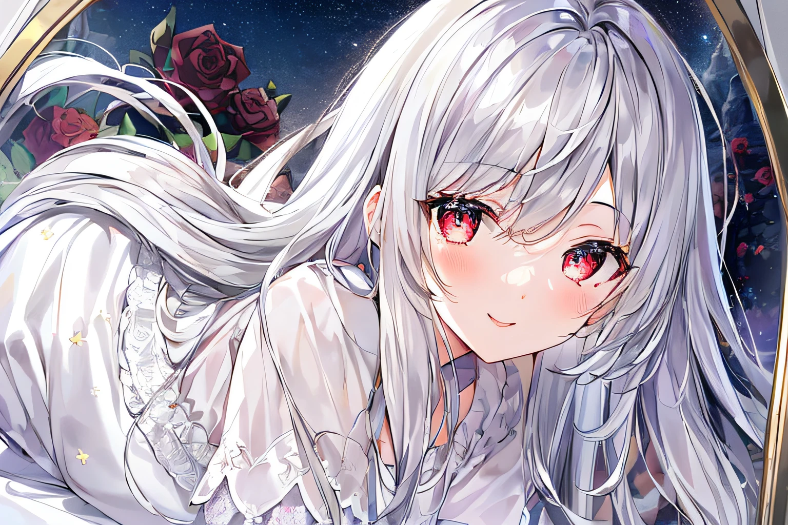 1girl, full body, denim photo, (Rembrandt), illustration, (masterpiece), (best quality), (ultra_detailed), finely detail, (Depth of field), , glove, long hair, star\ (symbol\), looking at viewer, (silver hair:1.2), red eyes, upper body, hair ornament, :p, frills, pink shirt, smile, sleeveless, shirt, idol, symbol-shaped pupils, hands up, brags smile, sleeveless, shirt, idol, symbol-shaped pupil, bangs, side up, star-shaped pupils, arms up, skirt pulling, roaring twenties, isometric, From above, the sky, the flowers, the cliffs,