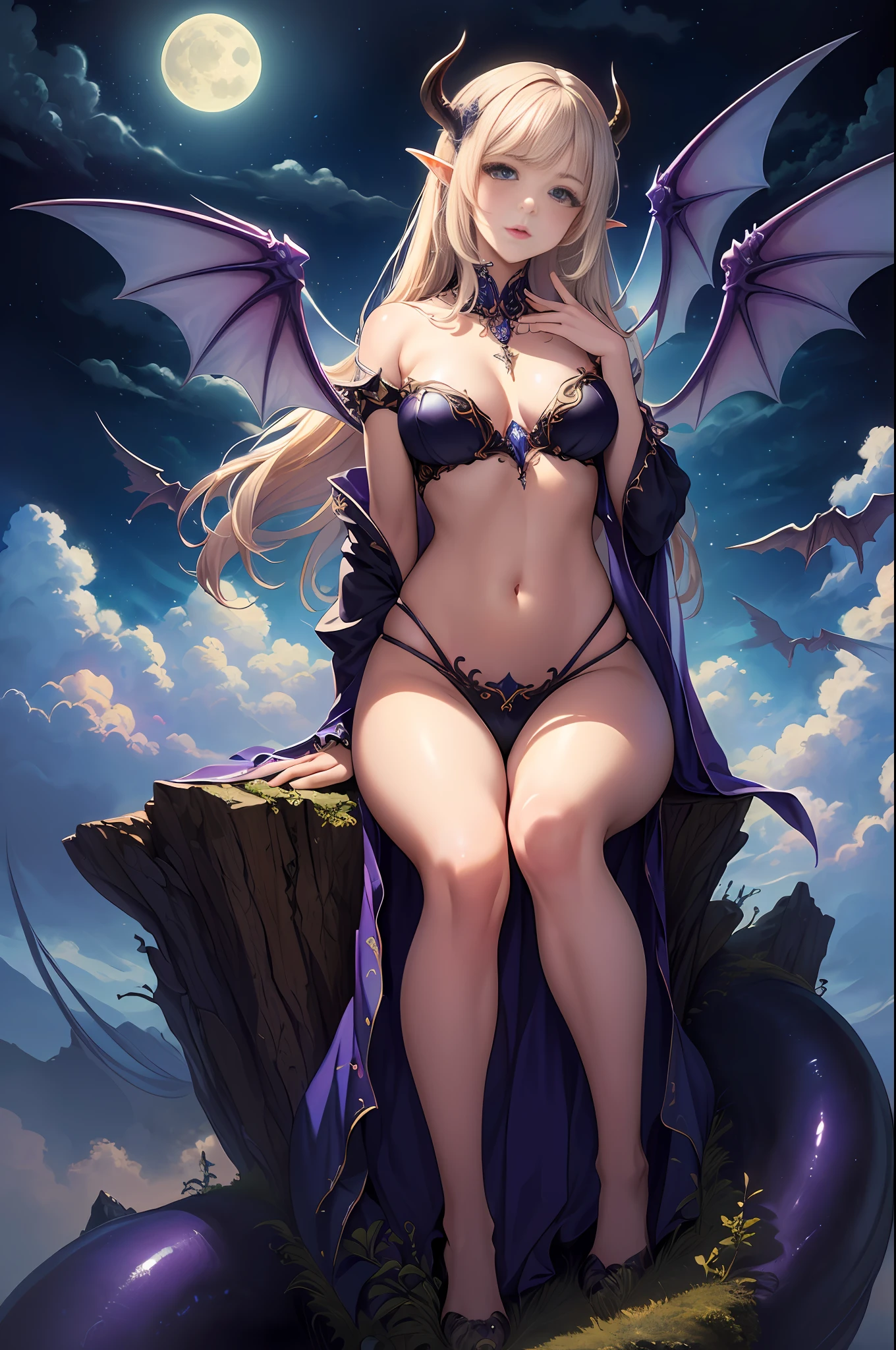 ((best quality)), ((masterpiece)), (detailed), alluring succubus, ethereal beauty, perched on a cloud, (fantasy illustration:1.3), enchanting gaze, captivating pose, delicate wings, otherworldly charm, mystical sky, (Luis Royo:1.2), (Yoshitaka Amano:1.1), moonlit night, soft colors, (detailed cloudscape:1.3), (high-resolution:1.2), small detailed, huge open chests,