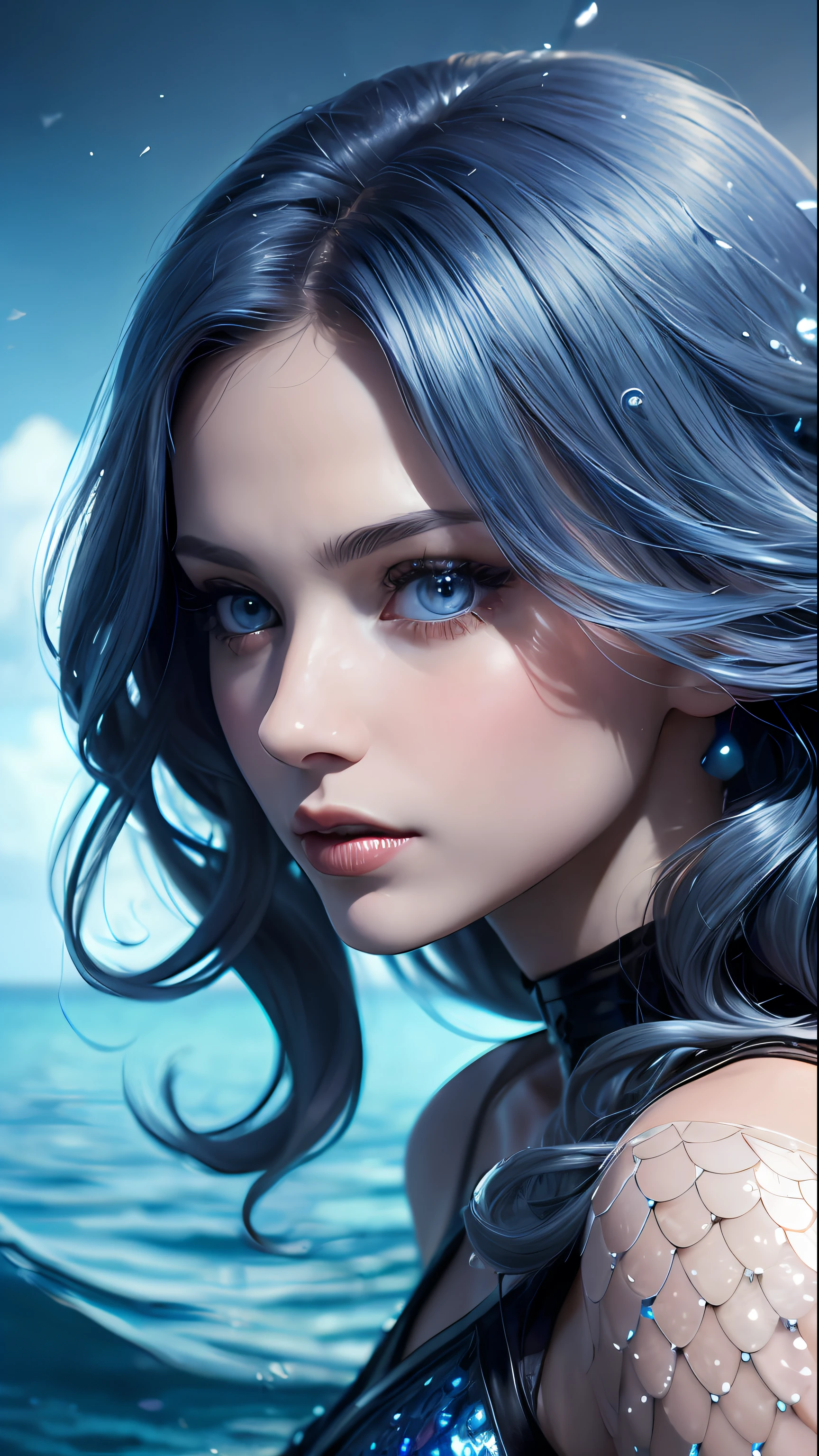 (skindentation:1.5), realistic, realistic, (masterpiece:1.5), concept art, intricate detail, highly detailed, realistic, octane rendering, 8k, unreal engine, dynamic pose, best quality, high resolution, (realistic face:1.1), (hyperrealism:1.1), ((full_body)), perfect eyes, (shiny skin: 1.2), (((hairstyle))), (((perfect hand)) ), (Very detailed background), ((Dynamic background) ), ((Waves)), (Water surface), ((1girl)), Mermaid, blue hair, (((Shiny scales))), ((Detailed eyes, High quality eyes, High quality face)), (Extremely complex dress), Long blue hair, Goldfish, Water, Swirl, Sparkling, ((dramatic)), Epic, Battlefield, Depth of field, Background blur, 4k, Gothic, Ash, Particles