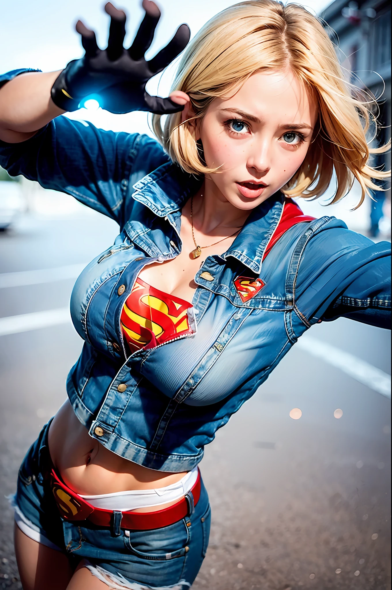 (((1 girl, cute, denim jacket, white denim blouse with superman S symbol on the chest, gloves, blonde, short hair, blue eyes, bob hair, sideways parted hair, blue eyes)))), (((blonde hair))), dynamic poses, manga style, depicting a group of characters in various action scenes, from intense battles to joyful moments, with dramatic lines of speed and bold sound effects,  capturing the emotion and energy of the story, palm laser beams, forward attack with the palm of the hand, yellowstone park, Grand Canyon,