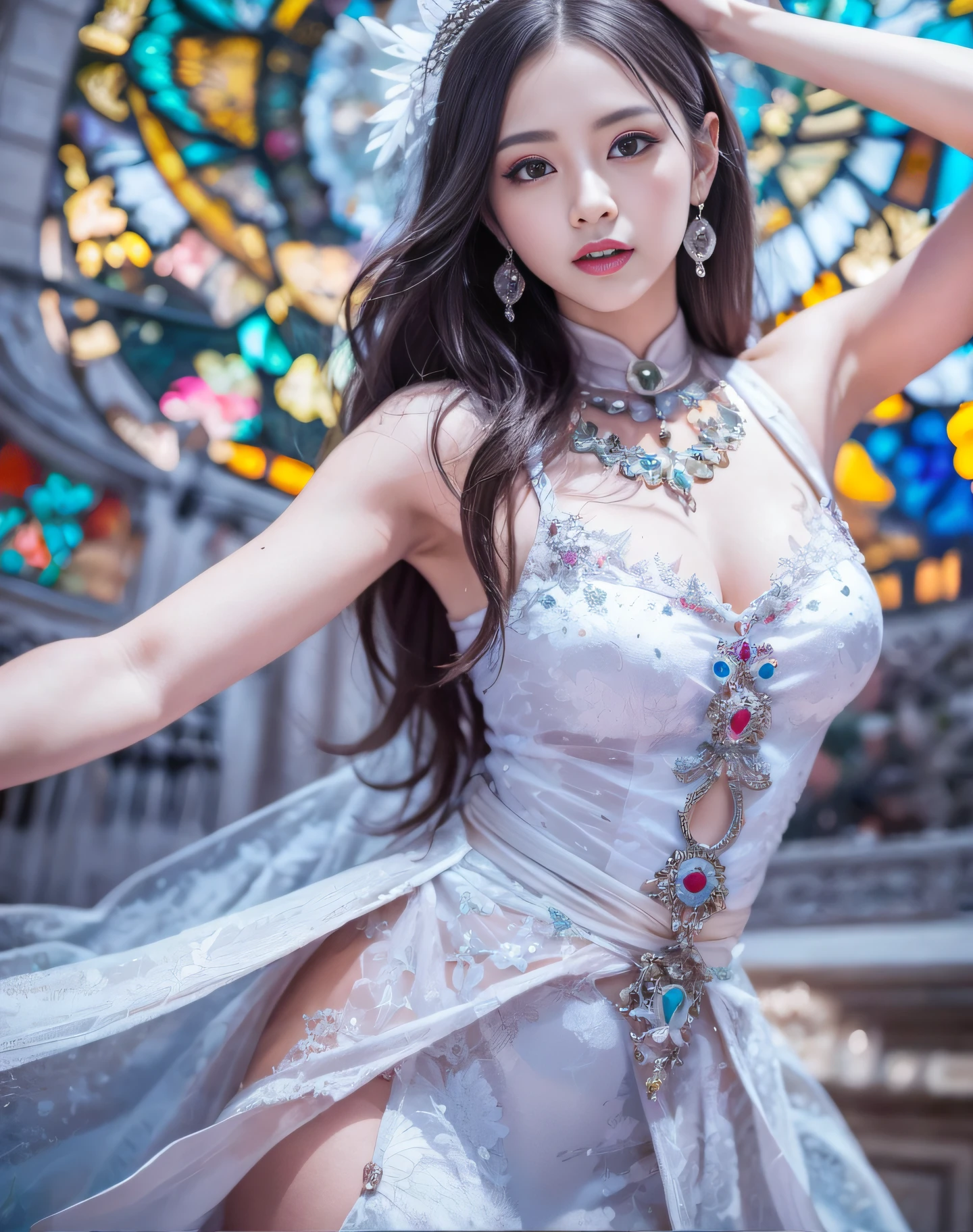 (8k, RAW photos, top quality, masterpiece: 1.2), high definition RAW color photos, professional photorough, photorealistic, arafi woman in white dress posing in front of stained glass window, beautiful fantasy empress, glamorous cosplay, beautiful maiden, ((beautiful fantasy empress)), gorgeous chinese model, elegant glamorous cosplay, Beautiful Goddess, Goddess of Japan, Beautiful Sorceress, Anime Girl Cosplay, Full Body Sennatsu, Beautiful Sorceress