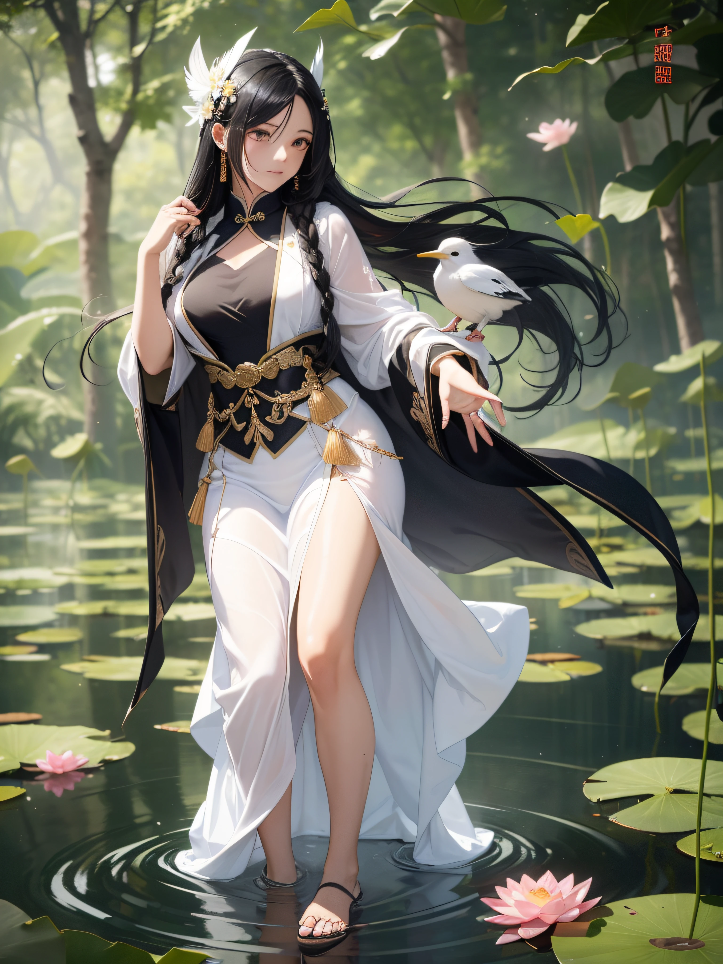 (masterpiece), (highest quality), (real), ((beautiful payback lord wearing a thin beautiful feather robe with ultra-long hair in Chinese style black hair in a lotus pond shining in the moonlight)), (looking down at the viewer with dim eyes), (large hair ornament in the shape of a Chinese lotus)), 18 years old, dull eyes, photorealistic, (((ideal hair luster)), full body, (black hair fluttering in strong winds), A fantastic beautiful white bird perched on her shoulder