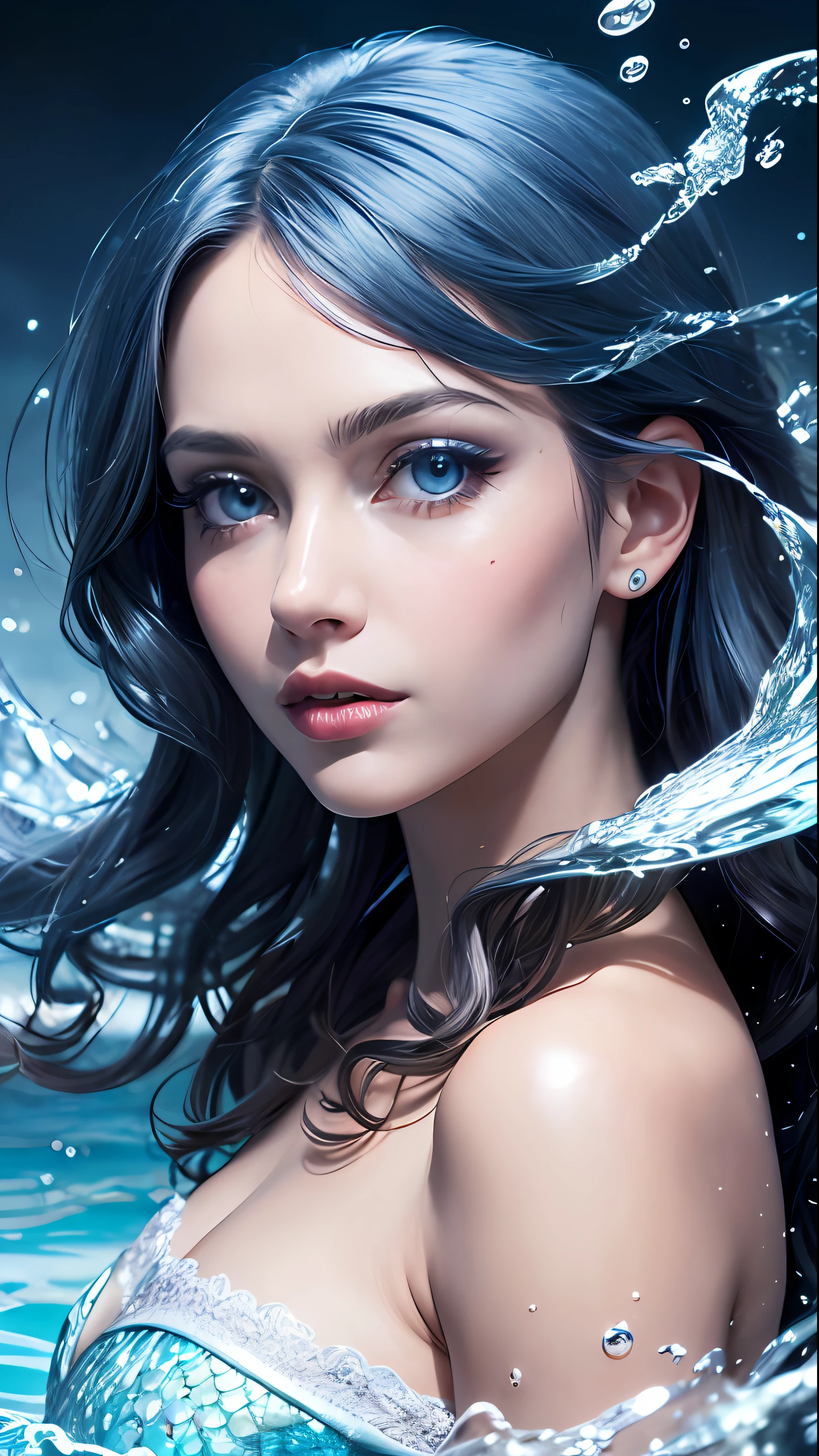 (skindentation:1.5), realistic, realistic, (masterpiece:1.5), concept art, intricate detail, highly detailed, realistic, octane rendering, 8k, unreal engine, dynamic pose, best quality, high resolution, (realistic face:1.1), (hyperrealism:1.1), ((full_body)), perfect eyes, (shiny skin: 1.2), (((hairstyle))), (((perfect hand)) ), (Very detailed background), ((Dynamic background) ), ((Waves)), (Water surface), ((1girl)), Mermaid, blue hair, (((Shiny scales))), ((Detailed eyes, High quality eyes, High quality face)), (Extremely complex dress), Long blue hair, Goldfish, Water, Swirl, Sparkling, ((dramatic)), Epic, Battlefield, Depth of field, Background blur, 4k, Gothic, Ash, Particles