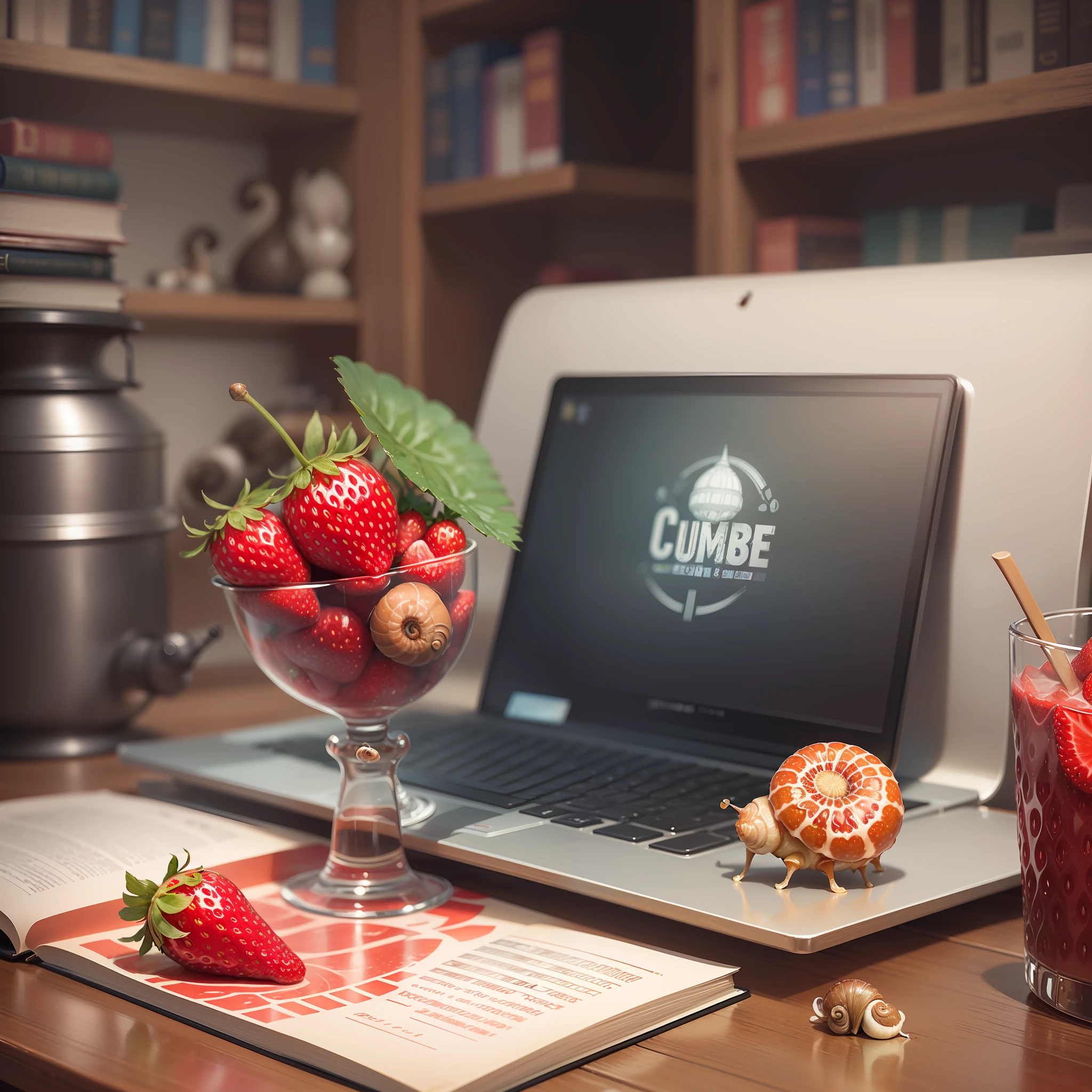 ((Strawberry, ice cube, books, snail and computer, on a table.)) Digital art. Digital painting. Very detailed. Vivid colors