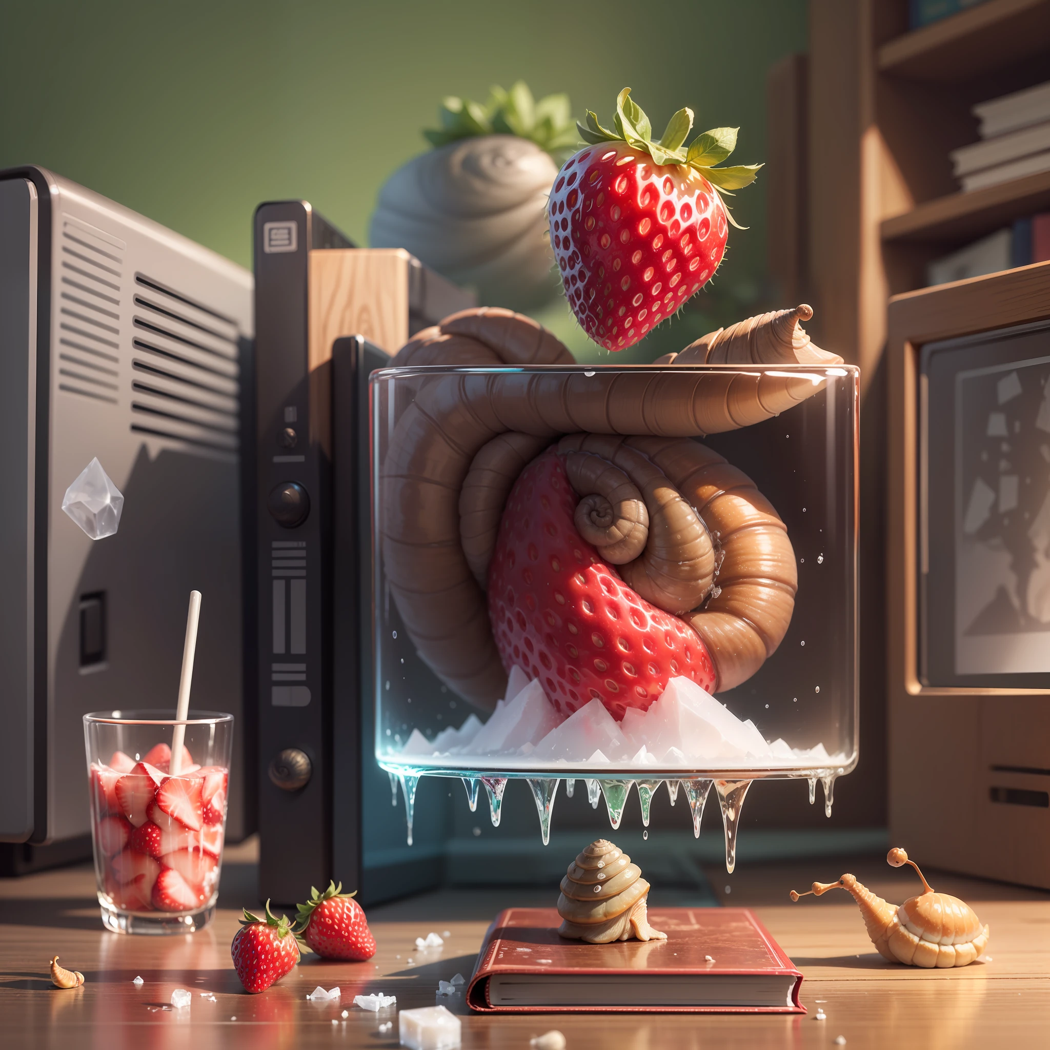((Strawberry, ice cube, books, snail and computer, on a table.)) Digital art. Digital painting. Very detailed. Vivid colors