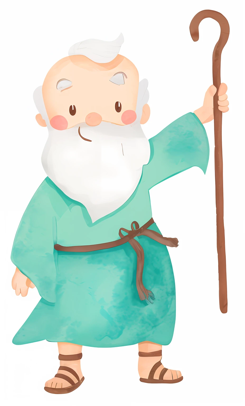 A cartoon of a man with beard and cane, wise old man, Moses, with white hair, happy and witty expression, illustration style.