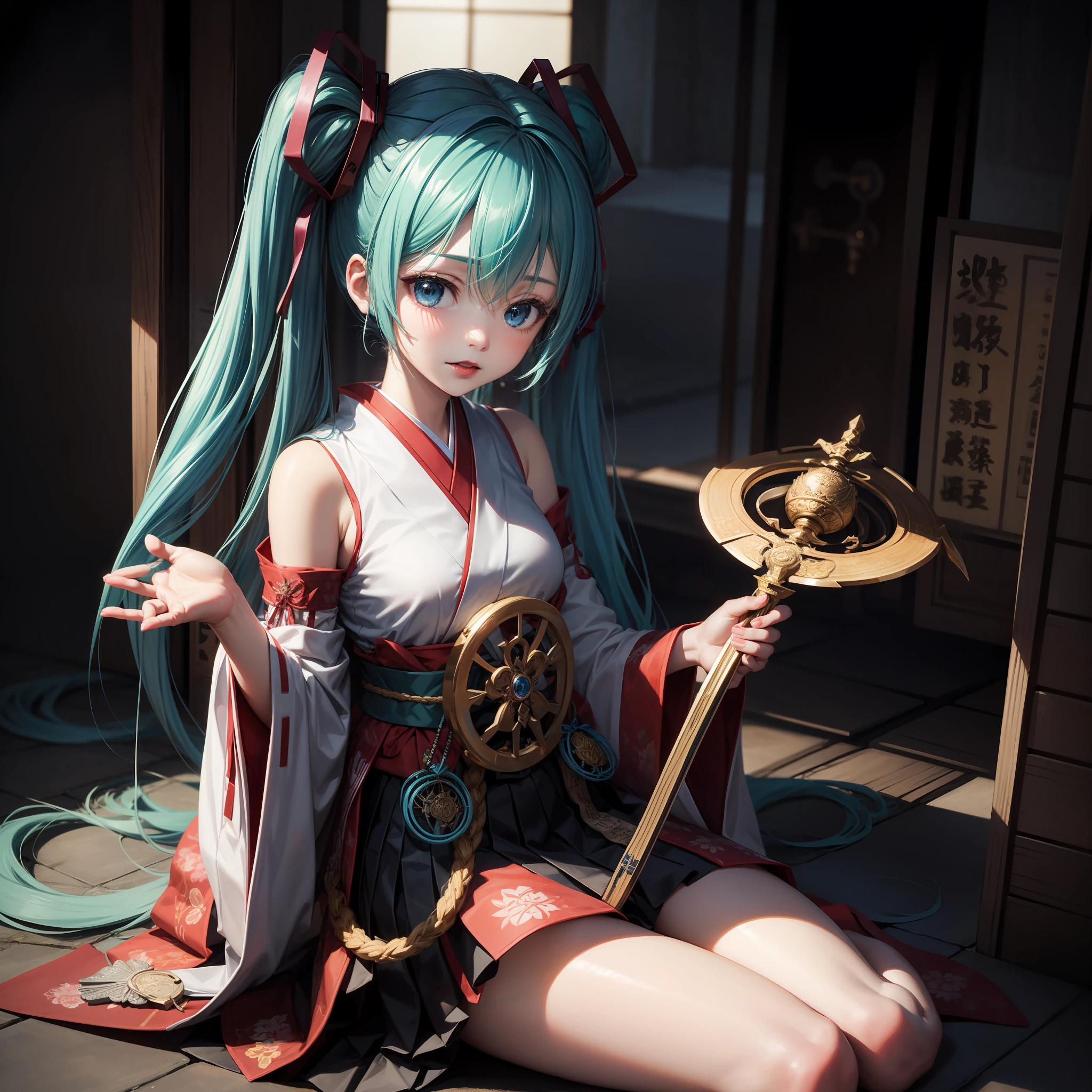 Hatsune miku, shrine, miko, priestess ((traditional from Japan)) , blue eyes , blue hair , red lips , beautiful girl , 1girl , holding ceremonial staff