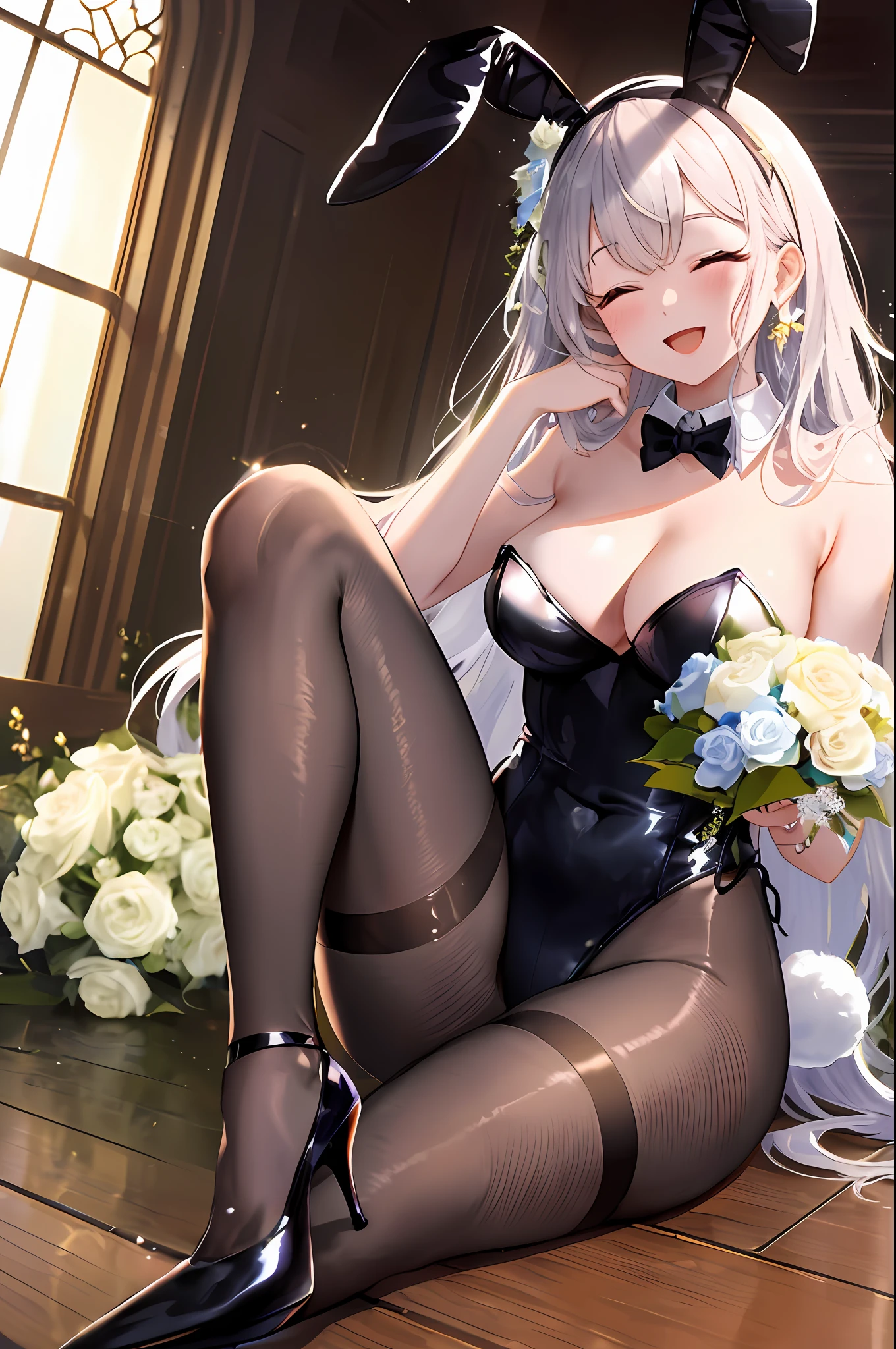 Top quality, masterpiece, intricate details, delicate and beautiful details, highly detailed 8k wallpapers, ((transcendently beautiful face)), happy, smile, close eyes, open mouth, playboy bunny, fishnet stockings, high heels, black leotard, rabbit ears, rabbit tail, (holding a bouquet: 1.5),