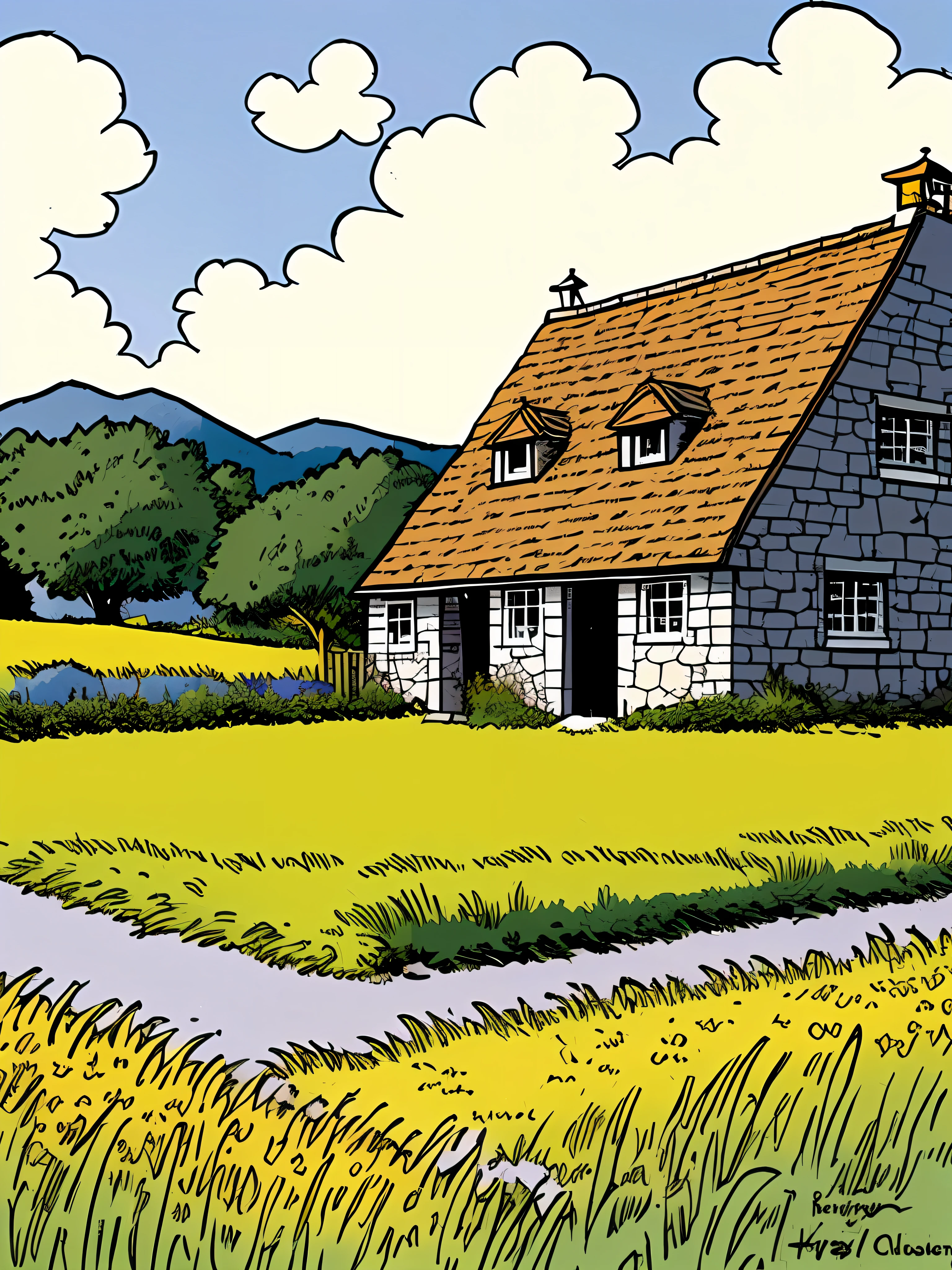 Line art in warm colours, one old medieval French stone barn with a grey slate roof, in a field, summer, sunny afternoon, (ligne claire, strong lines, no hatching), in the style of Franco-Belgian comics, in the style of fantasy comics, by Edgar P. Jacobs, by Herge, by Jacques Martin