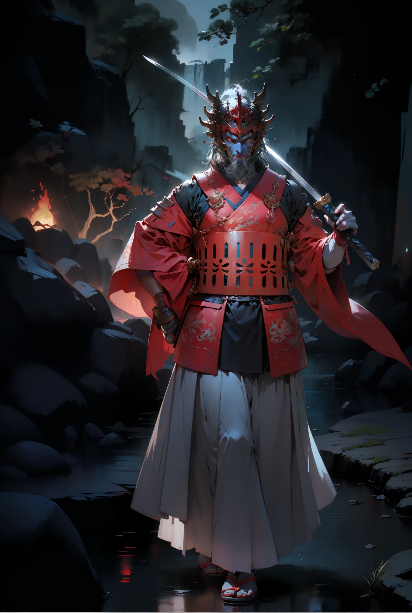 Chinese dragon face, samurai armor,4k, blue horns, holding a katana
