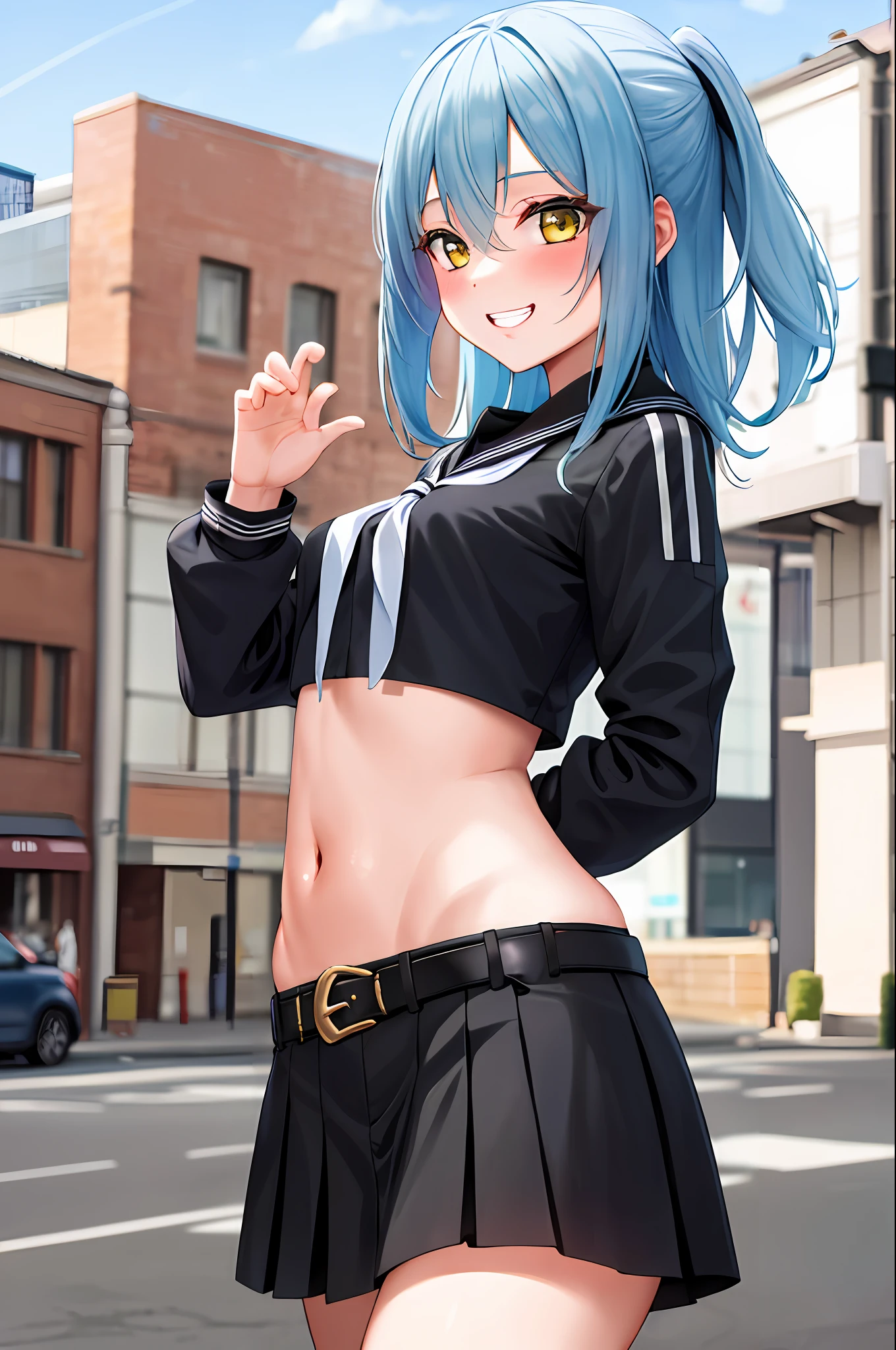 masterpiece, best quality, highres, rimuru tempest, blue hair, long hair, medium breasts, black sailor uniform, stocking, cleveage, show stomach, belt, black pleated skirt, cowboy shot, standing, looking at viewer, city road, outdoor, modern city road, blush, shy, smile, show teeth, sexy pose,