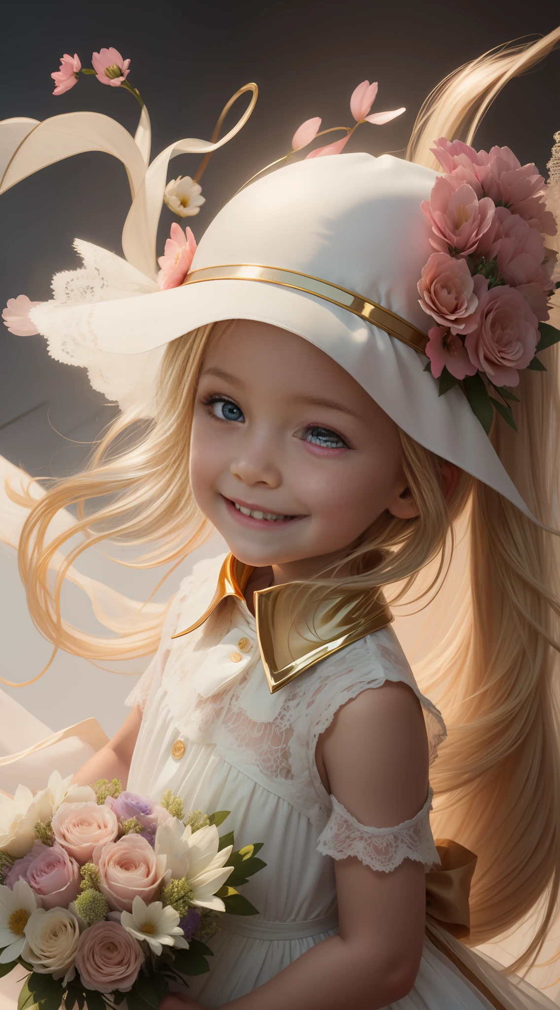 4K HD, gold with white collar clothes, smiling, mobile phone holding a bouquet of flowers, (beautiful eyes)