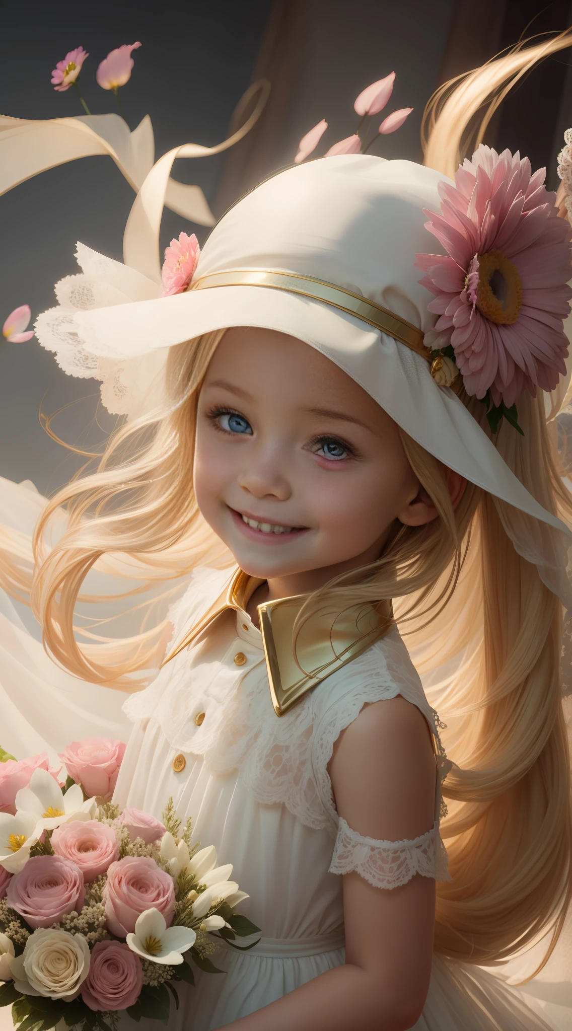 4K HD, gold with white collar clothes, little girl smiling, mobile phone holding a bouquet of flowers, (beautiful eyes)