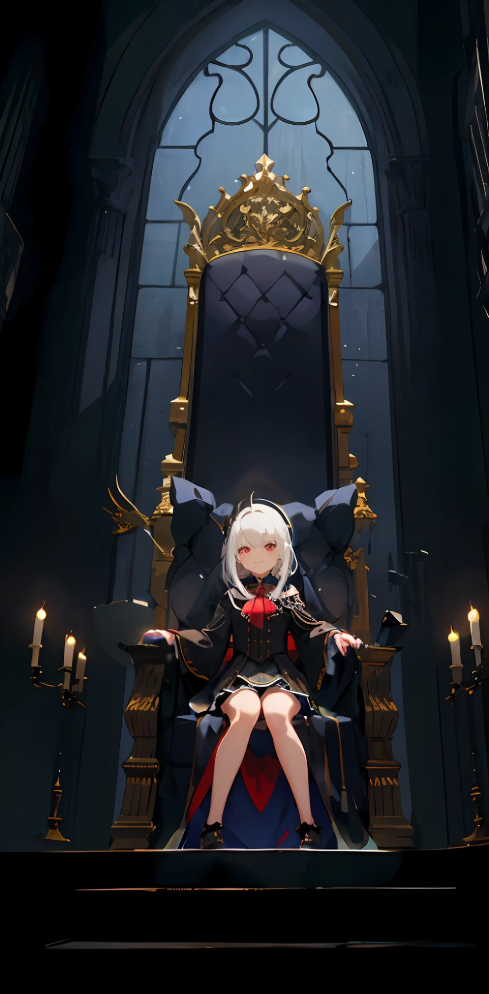 Master masterpiece, of the highest quality, depicted in detail, sitting on her throne, , white hair, bangs, light skin, gothic skirt, noble, cute, red eyes, solo, looking down, sitting, blood, proud smile, from the maiden front, Guvez style