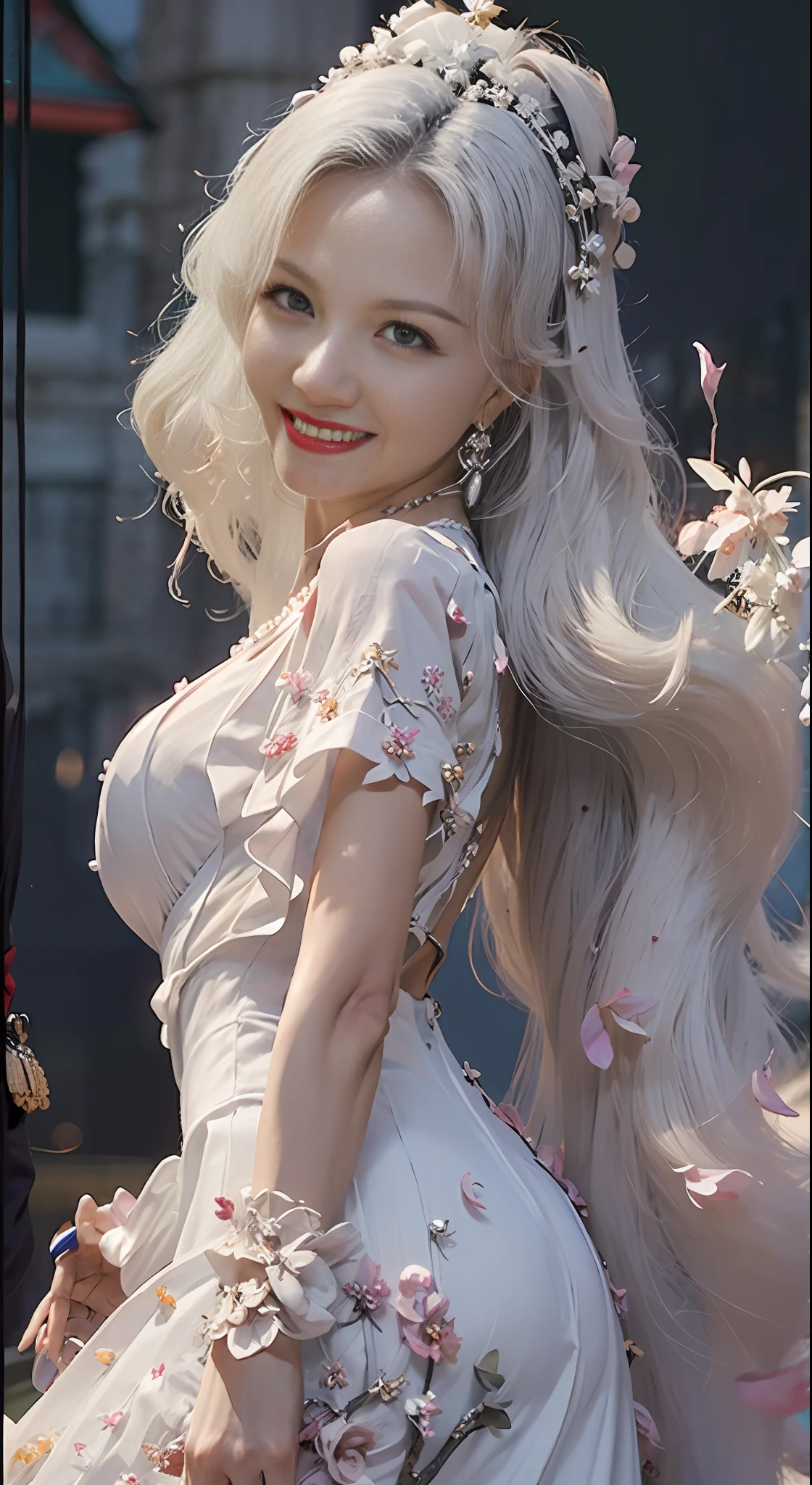 masterpiece, best quality, 1girl, (colorful),(finely detailed beautiful eyes and detailed face),cinematic lighting,bust shot,extremely detailed CG unity 8k wallpaper,white hair,solo,smile,intricate skirt,((flying petal)),(Flowery meadow) sky, cloudy_sky, building, moonlight, moon, night, (dark theme:1.3), light, fantasy,