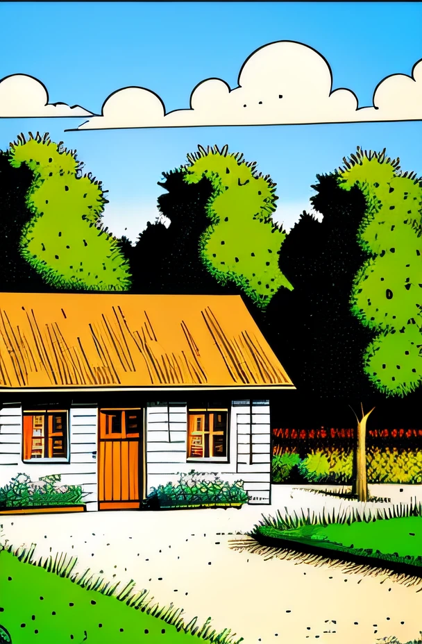 Line art in warm colours, one old medieval French stone barn with a grey slate roof, in a field, summer, sunny afternoon, (ligne claire, strong lines, no hatching), in the style of Franco-Belgian comics, in the style of fantasy comics, by Edgar P. Jacobs, by Herge, by Jacques Martin