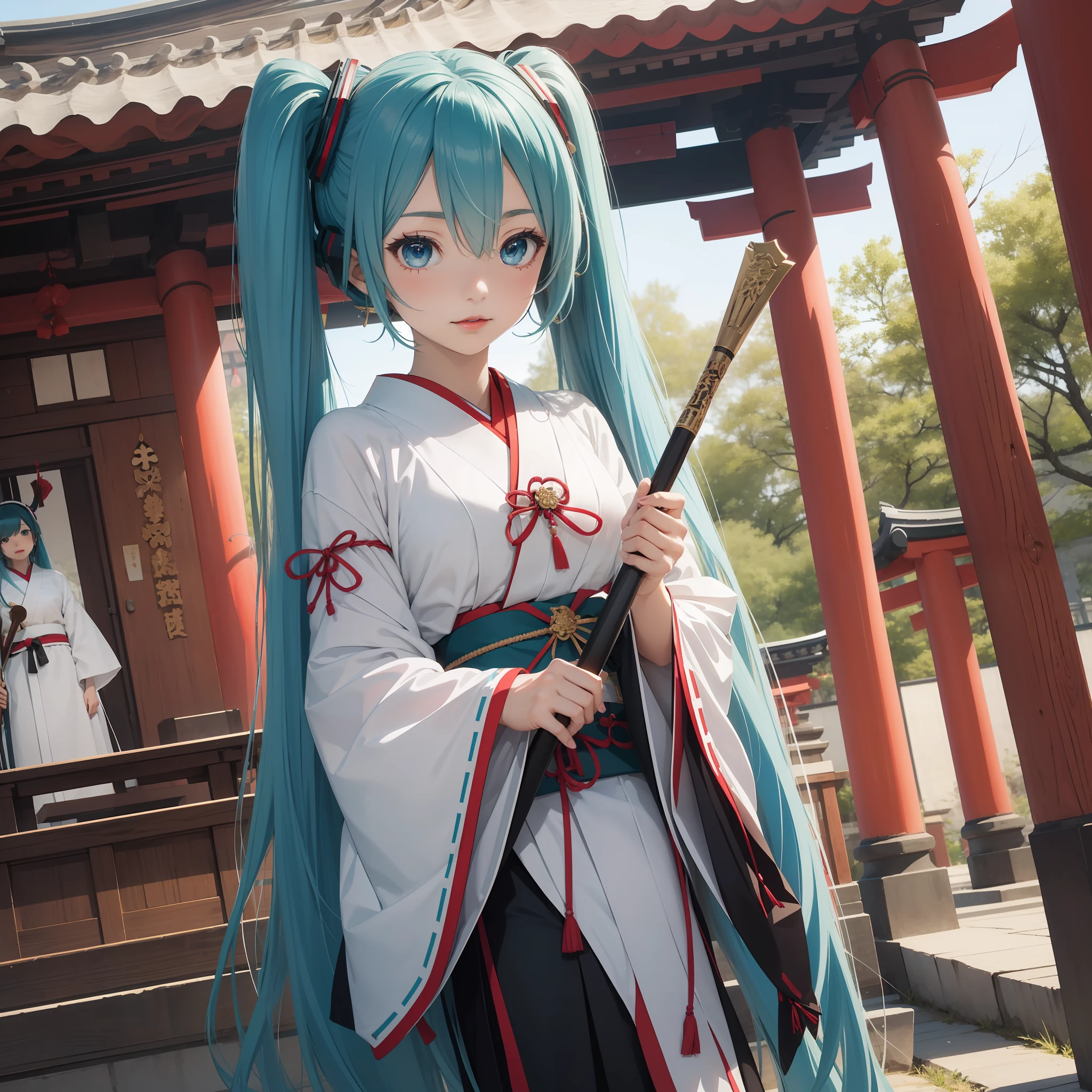 Hatsune miku, shrine, miko, priestess ((traditional from Japan)) , blue eyes , blue hair , red lips , beautiful girl , 1girl , holding ceremonial staff