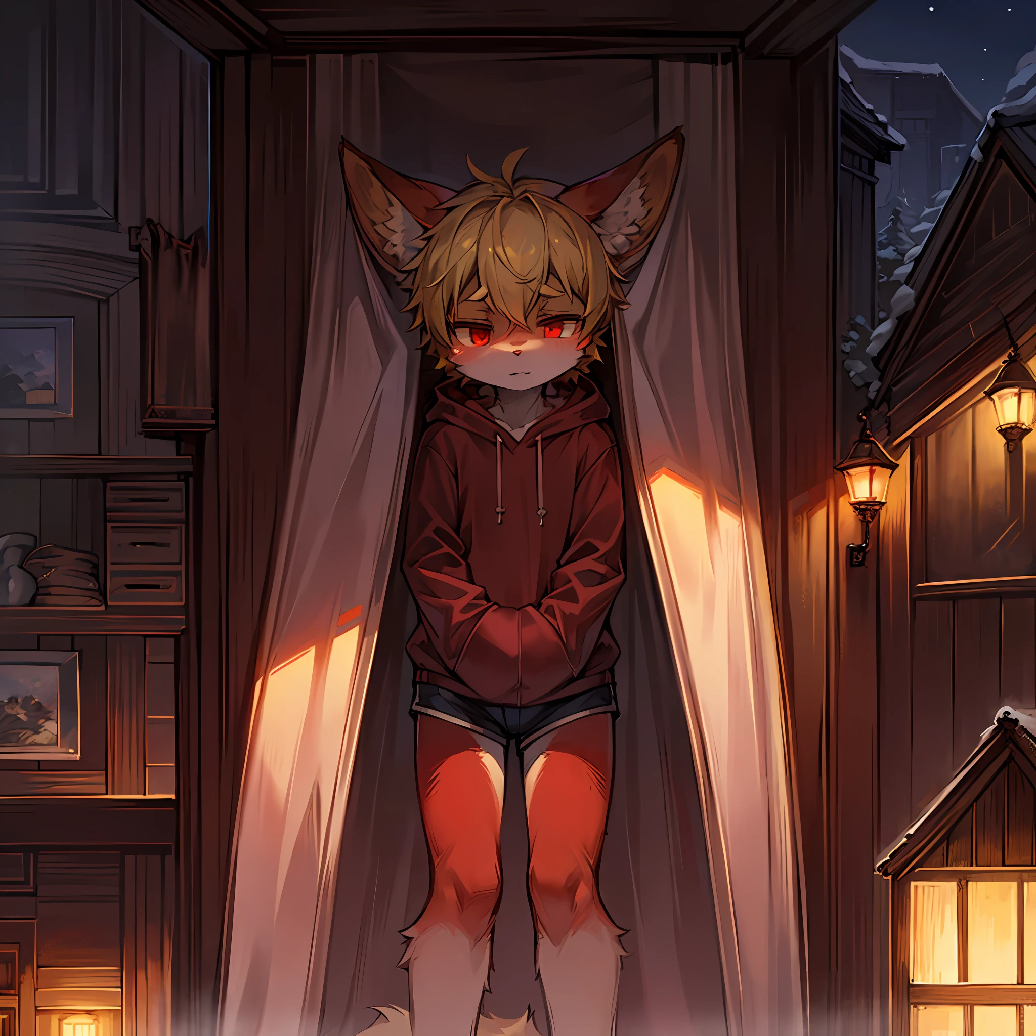 solo,1boy,anthro,furry_male,fox_boy,(red_fur:1.3),(detailed_fluffy_fur),(intricate_detail_fluffy_fur),tuft,(body_fur:1.2),oil_skin,(skin_with_fluffy_fur),tail,short_hair,red_eyes,blonde_hair,shorts,hoodie, upper_body_close-up，cowbow_shot，half-closed_eyes，脸红，精液，阴茎looking_at_viewer。 (Cozy_Childhood_Hideaway:1.5)，夜晚，(detailed_background，amazing_background)，户外，风景。