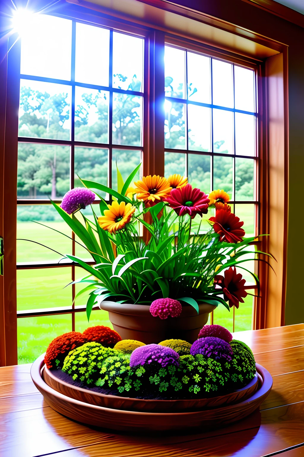 Clay flower tray, colorful flowers, magical colorful flowers, colorful flowers, colorful flowers, colorful flowers and plants, by the window, sunlight coming in, lots of details, high quality, 8k