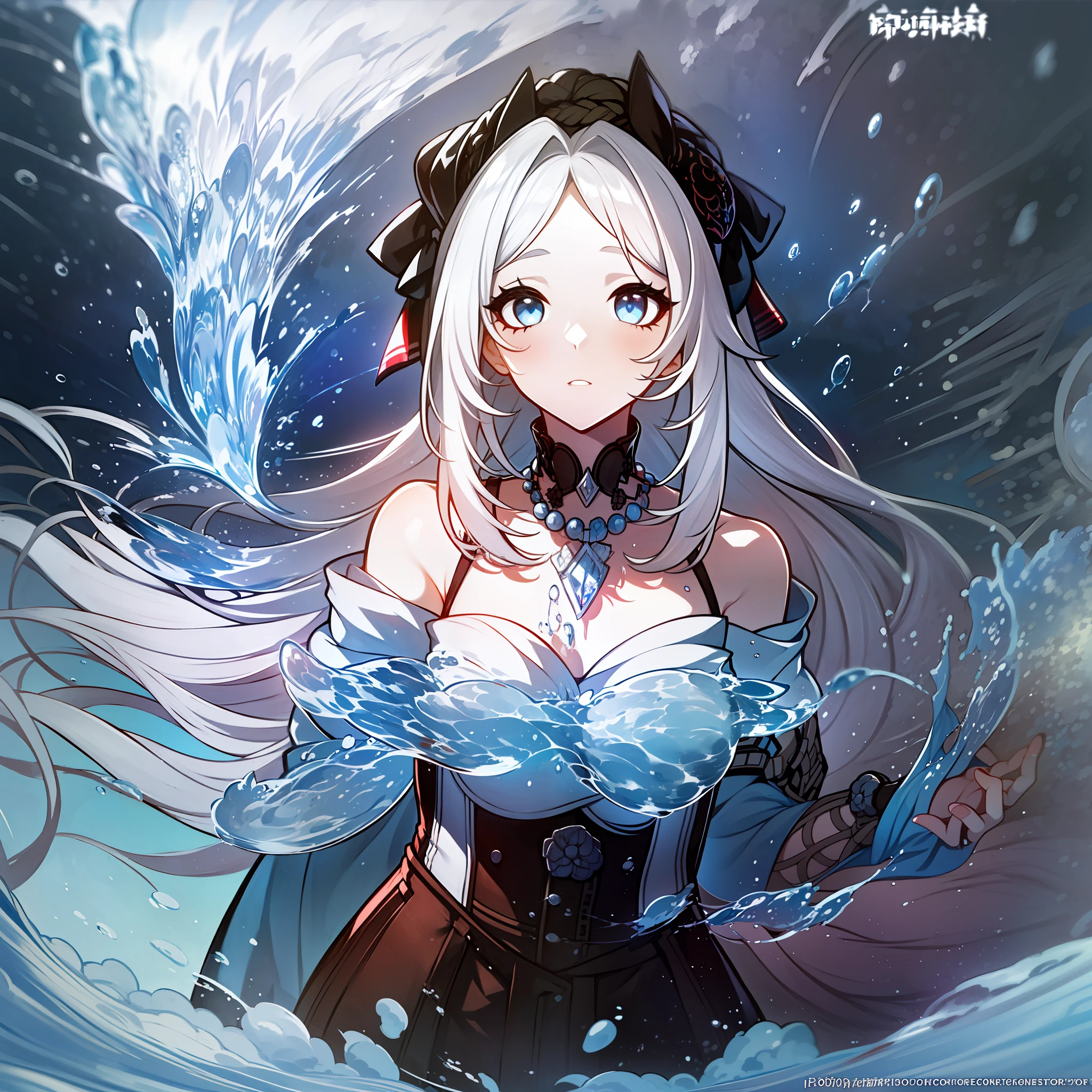 (1girl), (white hair), ((dark red strands)), (wavy hair), (forehead), (dark blue corset), (white blouse), (fur), (light blue eyes), (dark blue necklace), (bare shoulders), (splashes of water), (water droplets), ((dark red details))