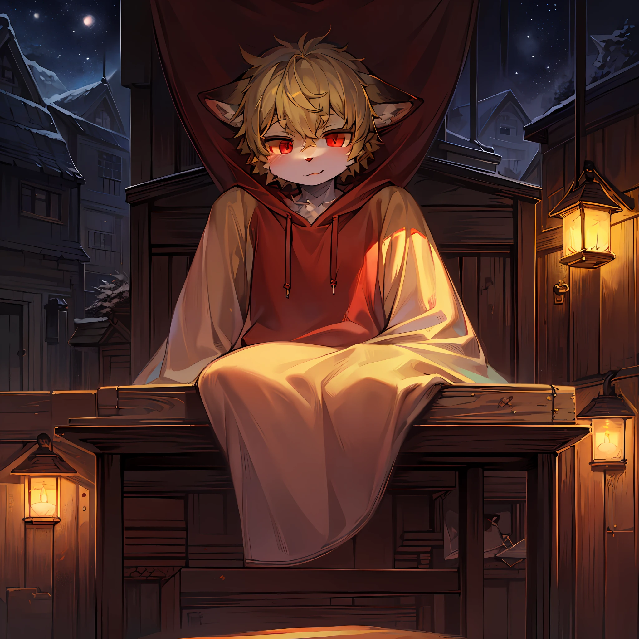 solo,1boy,anthro,furry_male,fox_boy,(red_fur:1.3),(detailed_fluffy_fur),(intricate_detail_fluffy_fur),tuft,(body_fur:1.2),oil_skin,(skin_with_fluffy_fur),tail,short_hair,red_eyes,blonde_hair,shorts,hoodie, upper_body_close-up,cowbow_shot,half-closed_eyes,脸红,精液,阴茎looking_at_viewer。 (Cozy_Childhood_Hideaway:1.5),夜晚,(detailed_background,amazing_background),户外,风景。