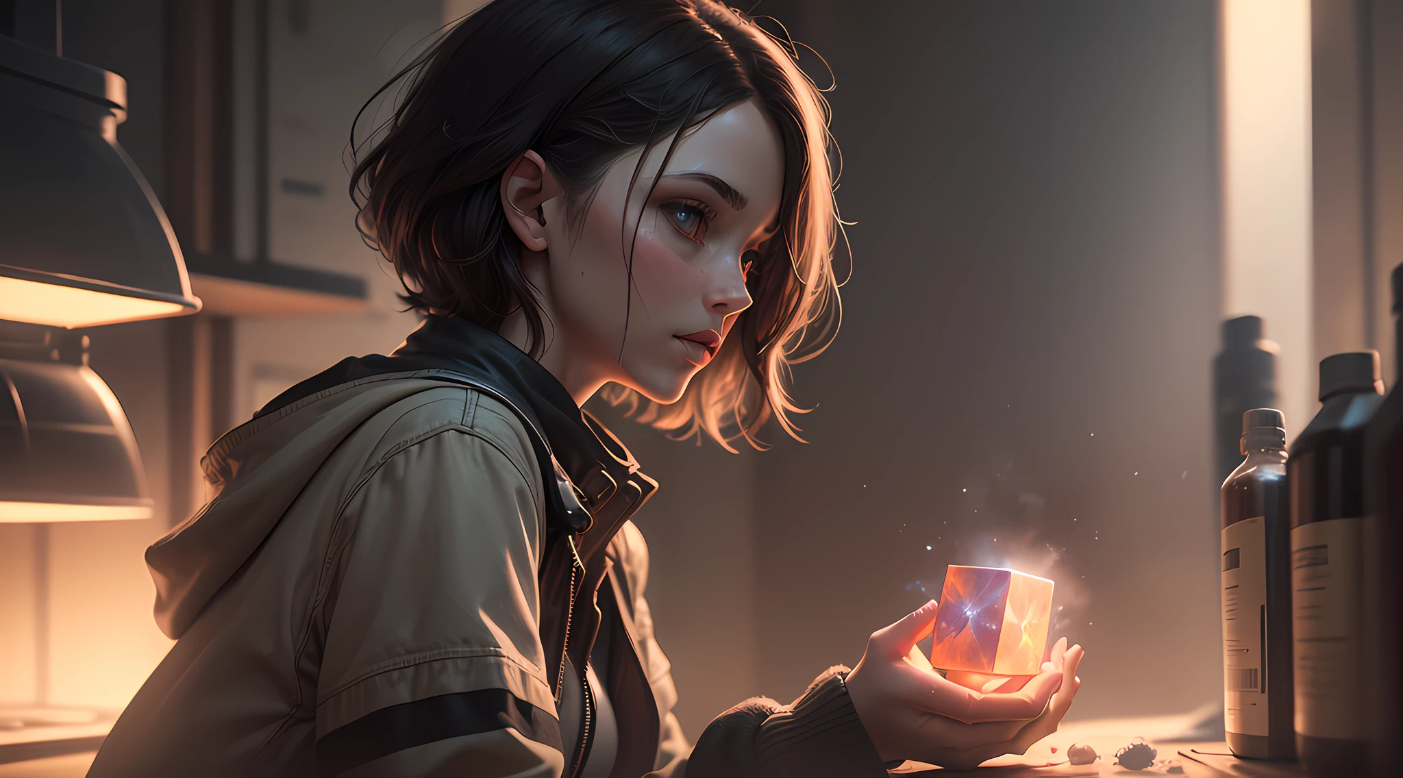((Masterpiece)), ((Best Quality)), 8k, HDR, cinematic lighting, Woman holding her hand over a glowing cube, chemicals, dust