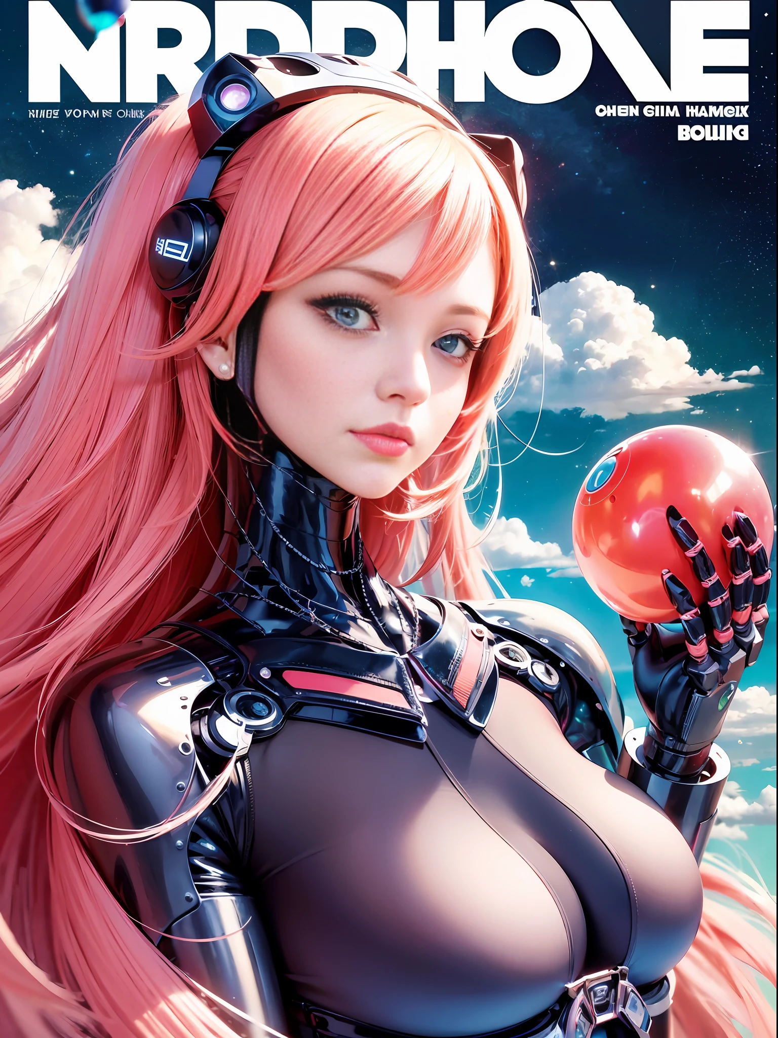 a lovely robot girl with sweet human face and charming hair as a magazine cover, her robot body in a candy dress, dancing in the colorful balloon and white clouds space, Coral pink and blueberry background, bold use of color, realistic skin, realistic texture, high details, head space, extreme long shot, landscape and portrait photography --auto