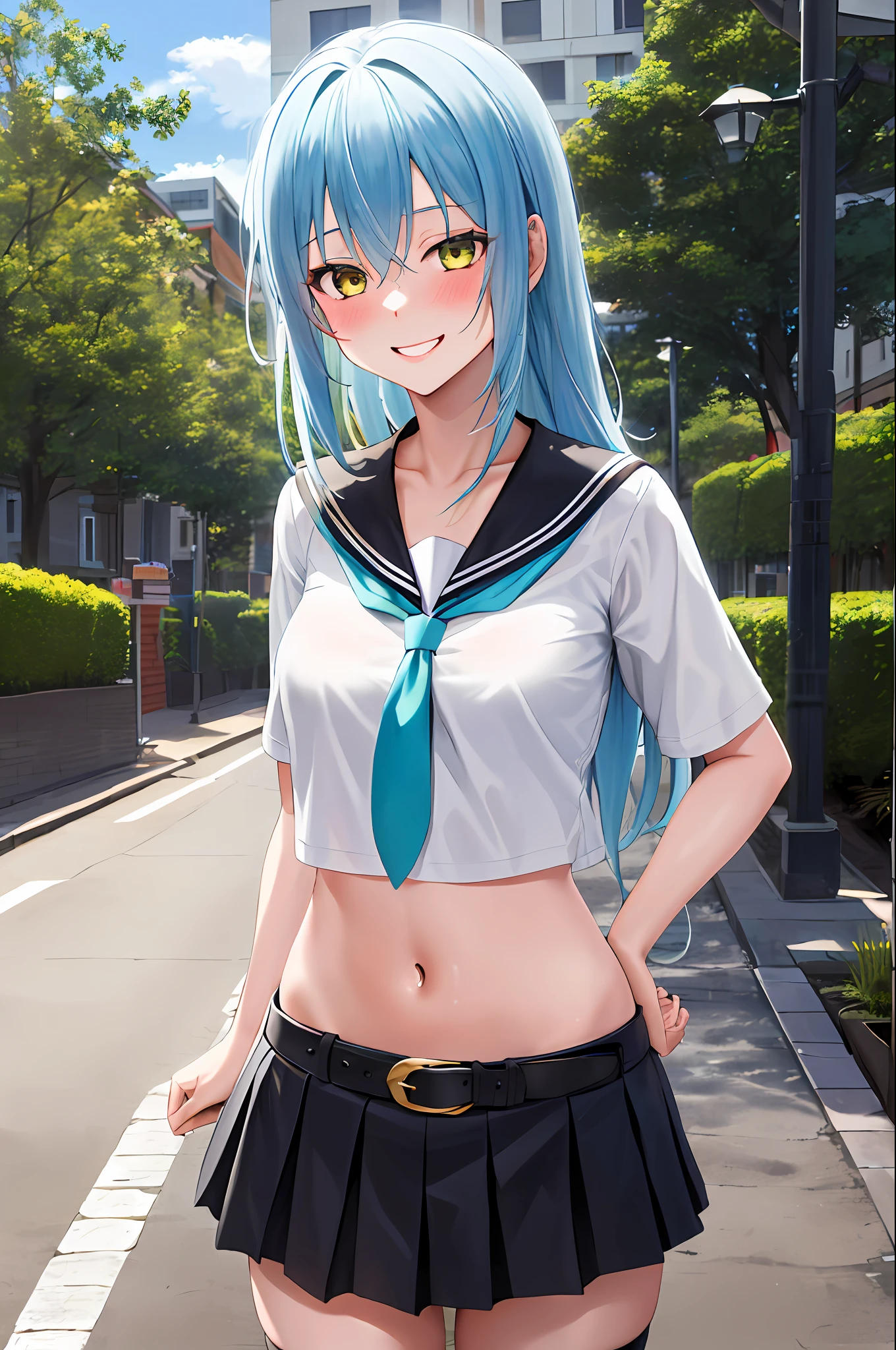 masterpiece, best quality, highres, rimuru tempest, blue hair, long hair, medium breasts, black sailor uniform, stocking, cleveage, show stomach, belt, black pleated skirt, cowboy shot, standing, looking at viewer, city road, outdoor, modern city road, blush, shy, smile, show teeth, sexy pose,