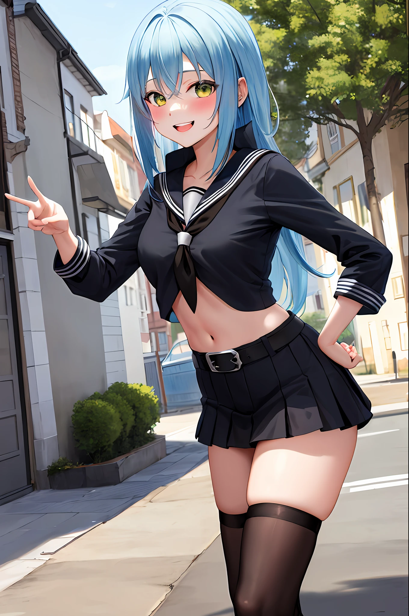 masterpiece, best quality, highres, rimuru tempest, blue hair, long hair, medium breasts, black sailor uniform, stocking, cleveage, show stomach, belt, black pleated skirt, cowboy shot, standing, looking at viewer, city road, outdoor, modern city road, blush, shy, smile, show teeth, sexy pose,