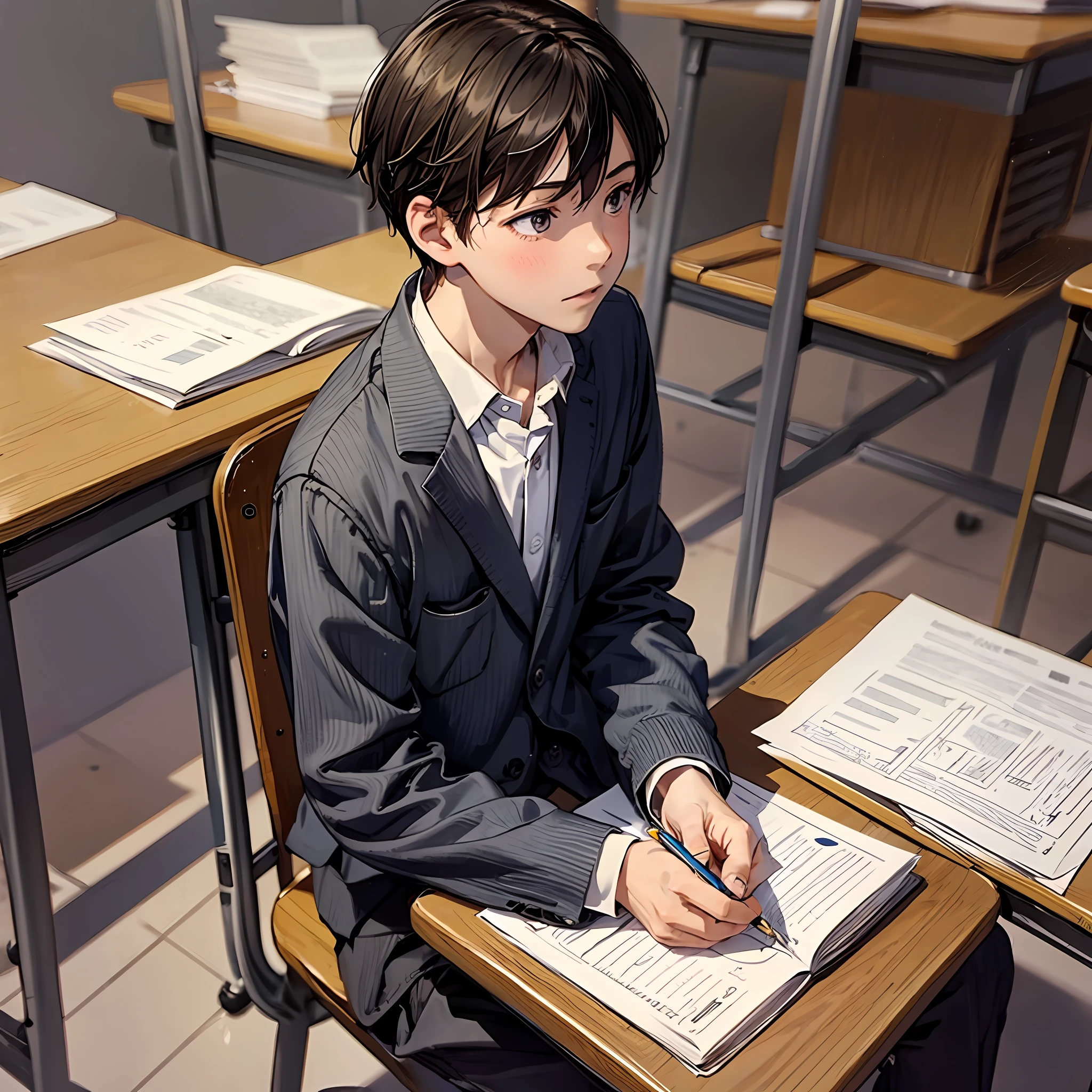 The boy, sitting in the classroom, is taking an exam