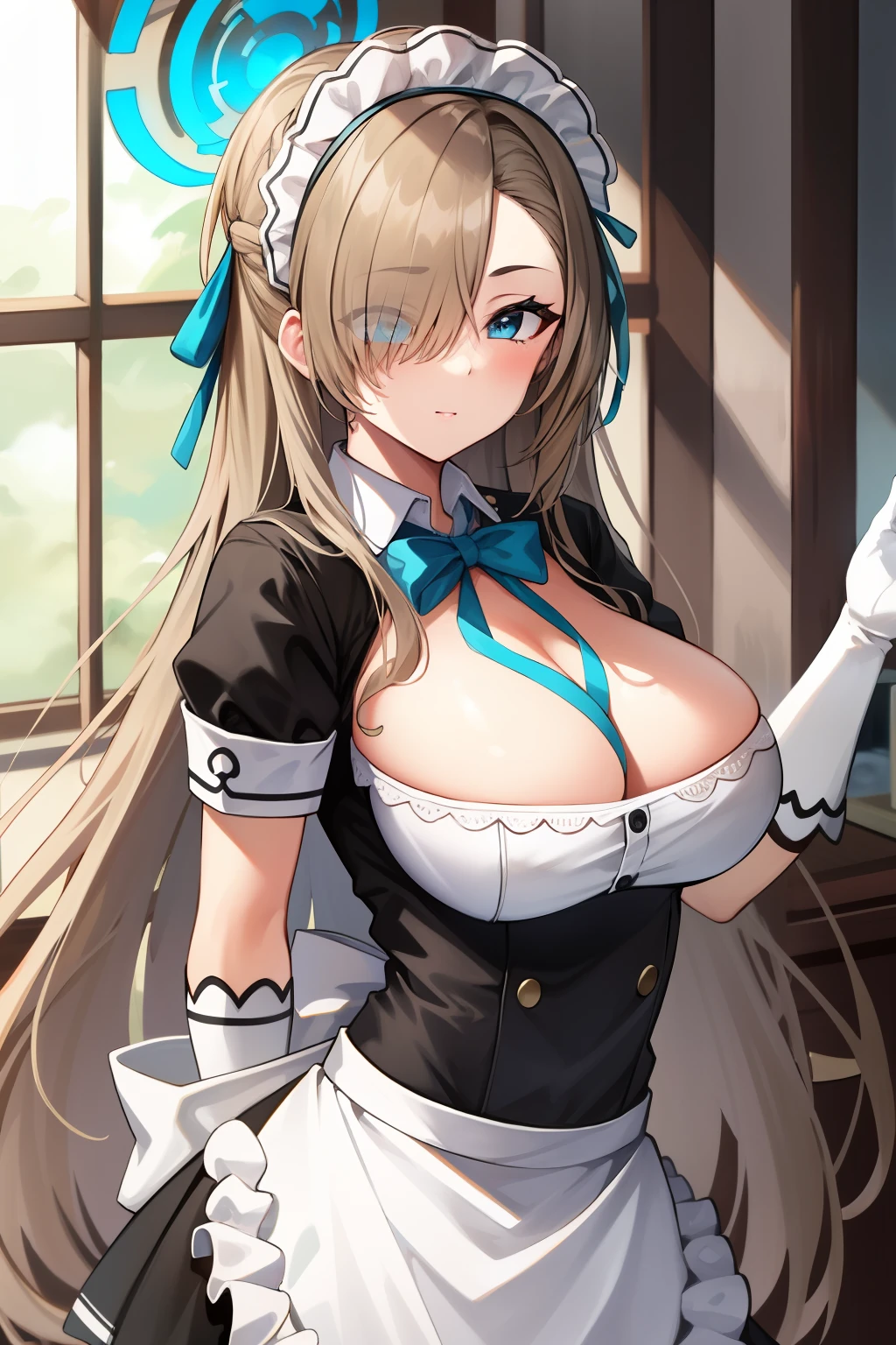 (highres), (absurdres), (best quality), (high quality), (masterpiece), 1girl, asuna, blue eyes, long hair, halo, hair over one eye, very long hair, light brown hair, (large breasts), hair ribbon, maid, maid headdress, apron, frills, frilled apron, puffy sleeves, short sleeves, white gloves, white thighhighs, arms behind back, looking at viewer,