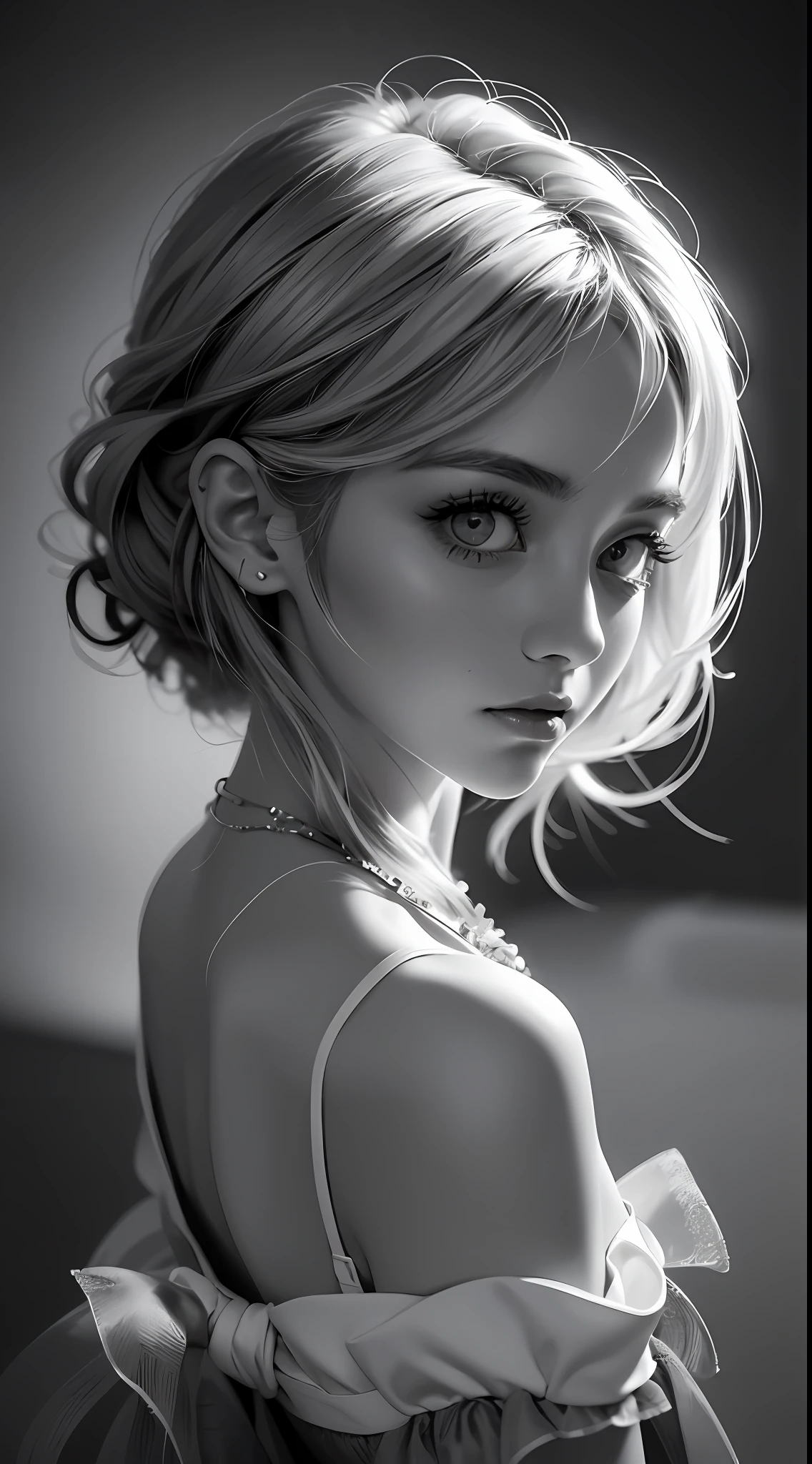 Beautiful girl, high-precision illustrations, monochrome tone effects, chic and sophisticated impression, focus blur softly envelops her, overhead shot composition, pixel-perfect drawing, edge detection, clear expression of details, high-key contrast, tint effect, monochrome world, unique charm, bust shot, backlight, Cinematic light, retro, plain dress